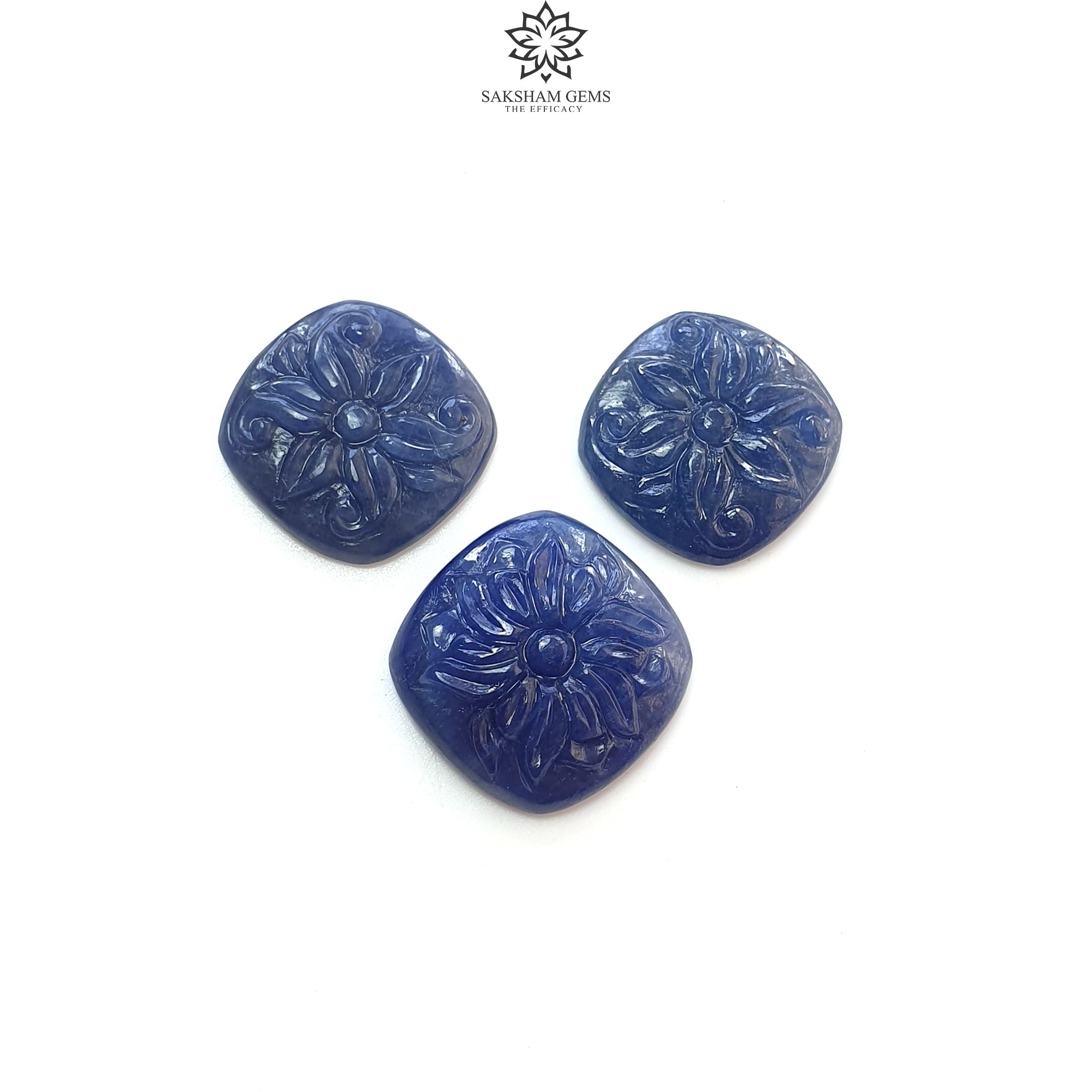 Natural Blue Sapphire Gemstone Carving - 45.00cts Untreated Unheated Hand-Carved Cushion Shape (16x18mm & 17x19mm, 3pcs) | Perfect for Jewelry Making, Engagement Rings & Luxury Gifts