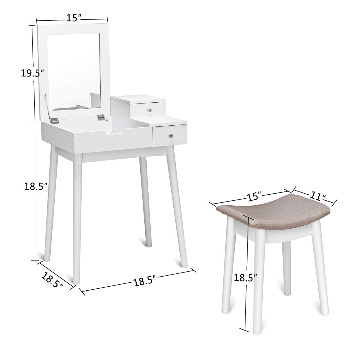 Vanity Dressing Table Set with Flip Mirror & Stool - Modern Writing Desk & Makeup Vanity for Bedroom, Home Office - Perfect for Beauty Routine, Study & Work Space