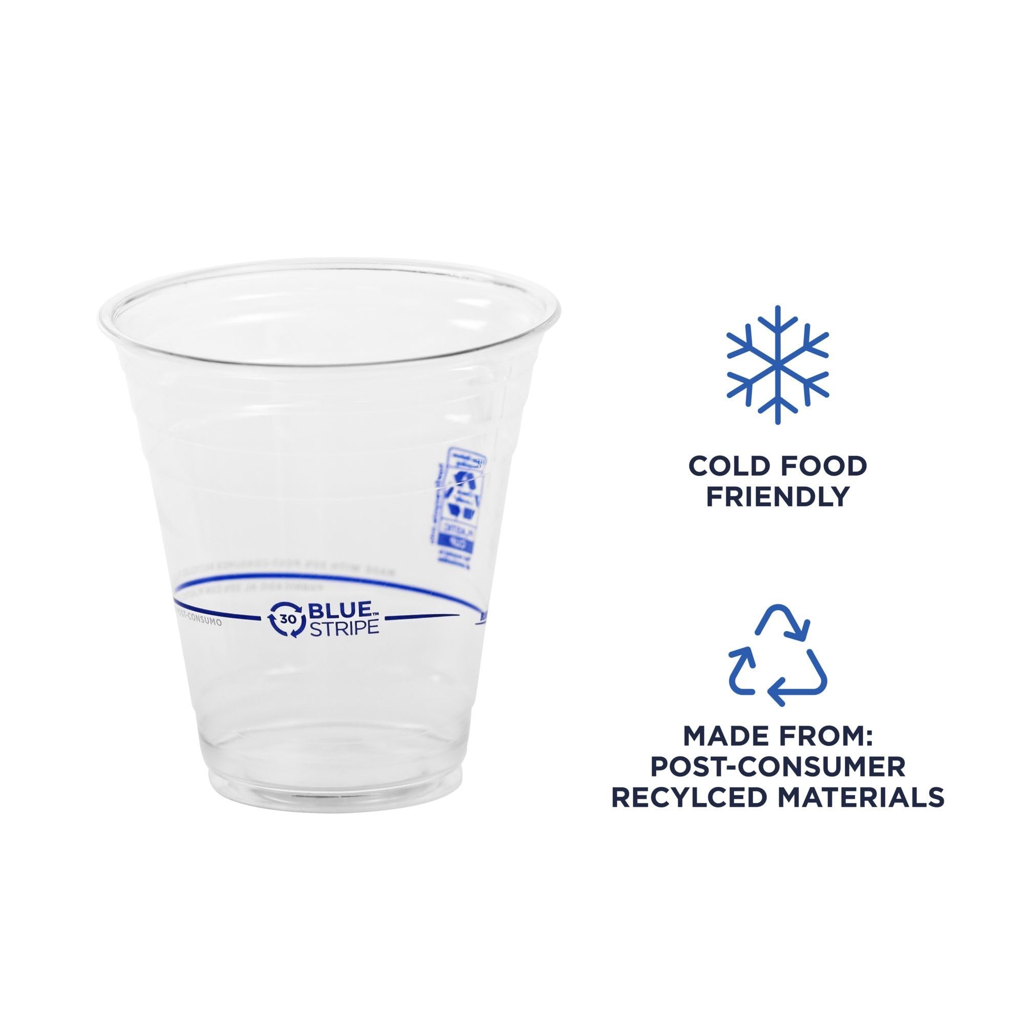 ECO PRODUCTS BlueStripe Recycled 12oz Plastic Cups - 1000 Count Case | 30% Post-Consumer Recycled PET (rPET) | Clear Cold Drink & Snack Cups | Perfect for Parties, Picnics, Offices & Restaurants