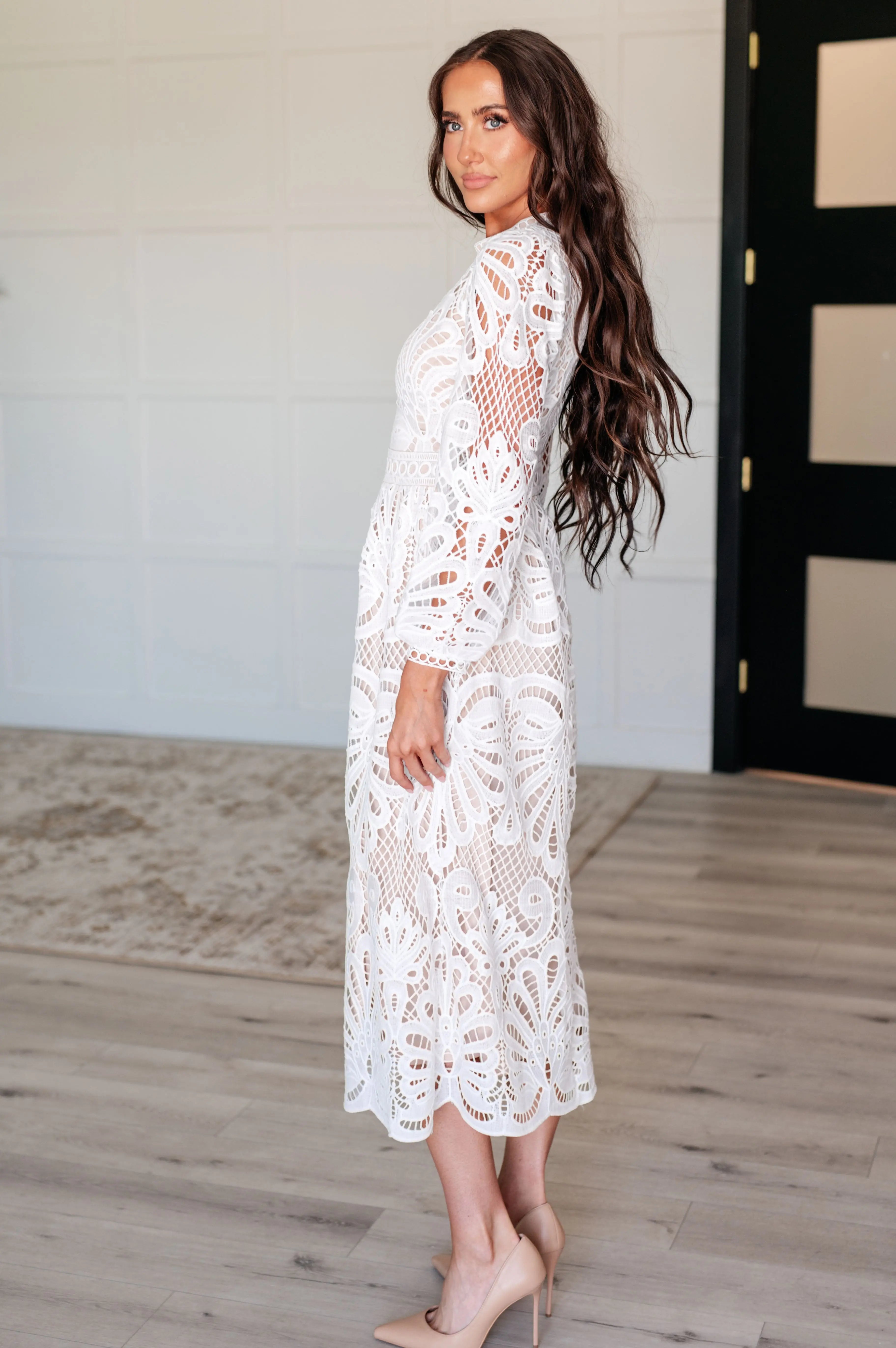 Elegant Mock Neck Lace Dress for Women - Flowy Long Sleeve Party Gown with Floral Embroidery | Perfect for Weddings, Cocktail Parties & Special Occasions