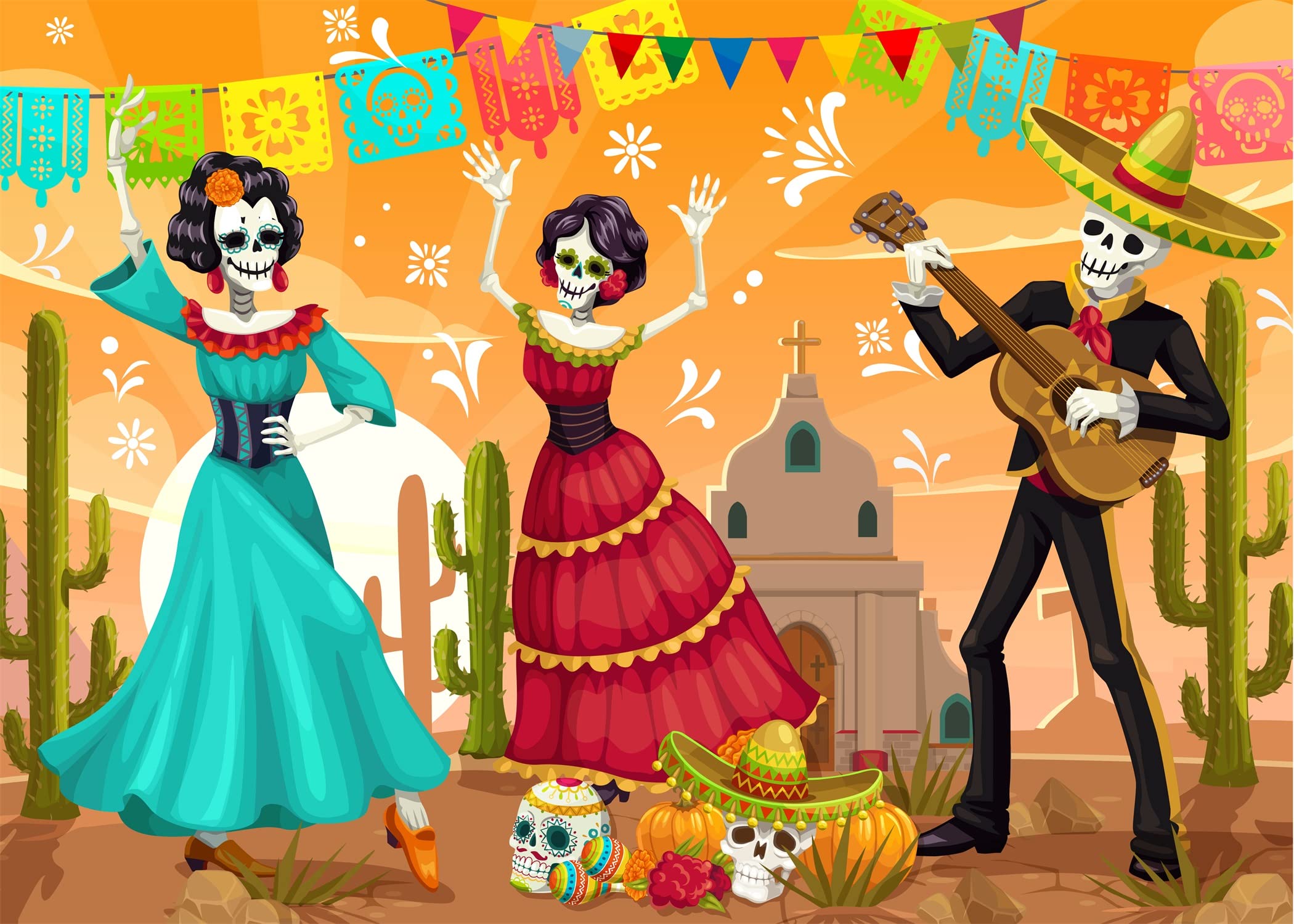 5x3ft Day of The Dead Backdrop - Catrina Skeletons, Flamenco Dancer & Sugar Skull Design with Marigold Flowers - Photography Background for Dia De Los Muertos Party, Fiesta Decor & Photo Props - Perfect for Halloween, Cinco de Mayo & Themed Events