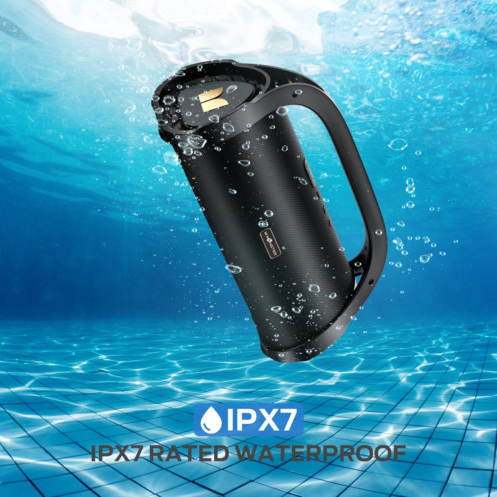Monster Adventurer Max Portable Bluetooth Speaker - IPX7 Waterproof Wireless Speaker with Dual Subwoofers & 100W Stereo Sound | 24H Playtime for Outdoor, Pool, Beach, Camping, Hiking, Parties | Rich Bass Gold Speaker