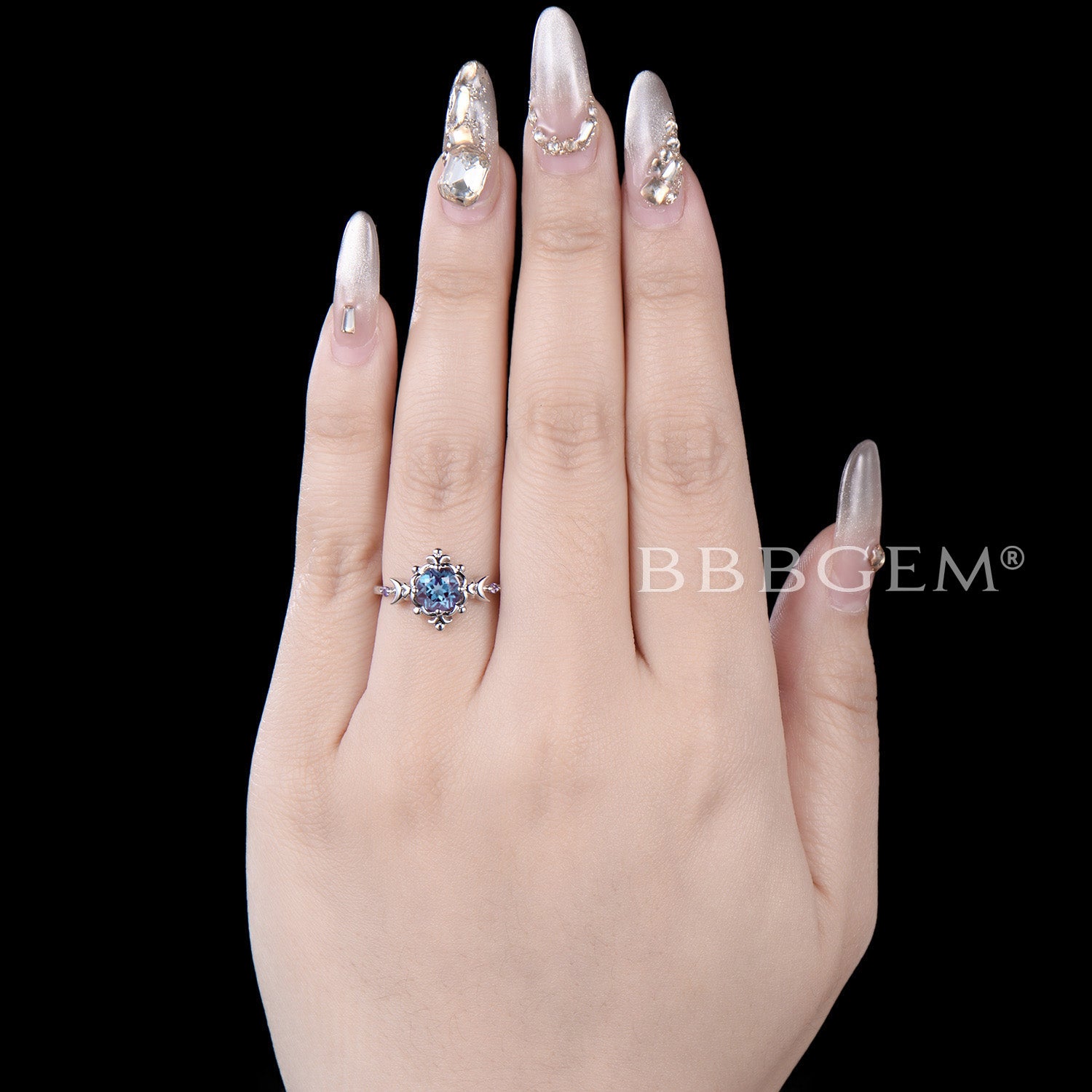 Elegant Filigree Wedding Ring with Moon Round Alexandrite for Engagement - Perfect for Bridal Jewelry, Proposal Gifts & Special Occasions