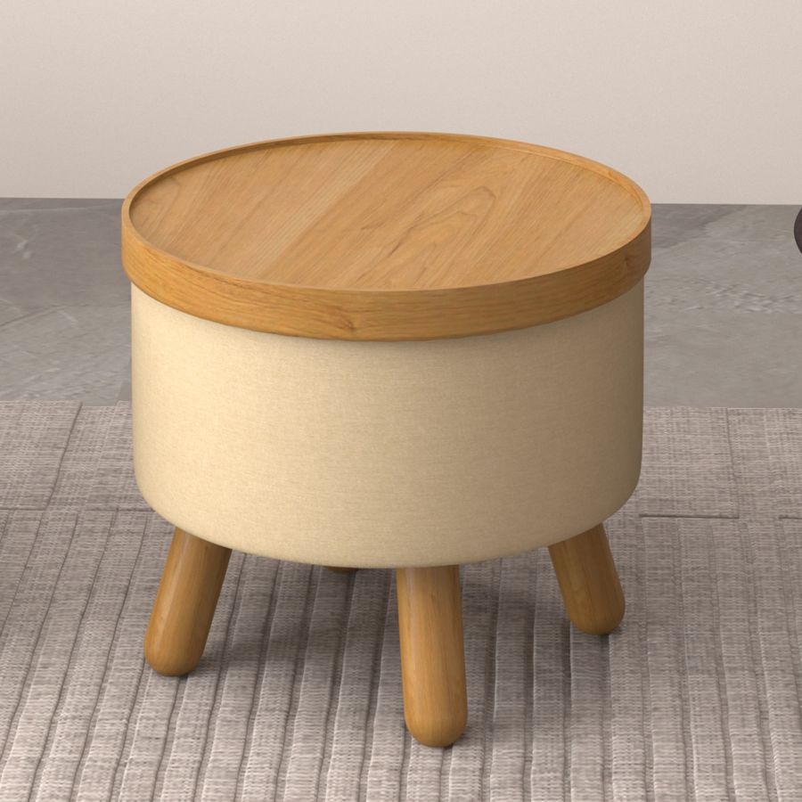 Round Storage Ottoman with Tray - Beige & Natural Fabric Upholstered Footrest Stool for Living Room, Bedroom, Nursery | Multi-Functional Coffee Table, Extra Seating & Hidden Storage Organizer