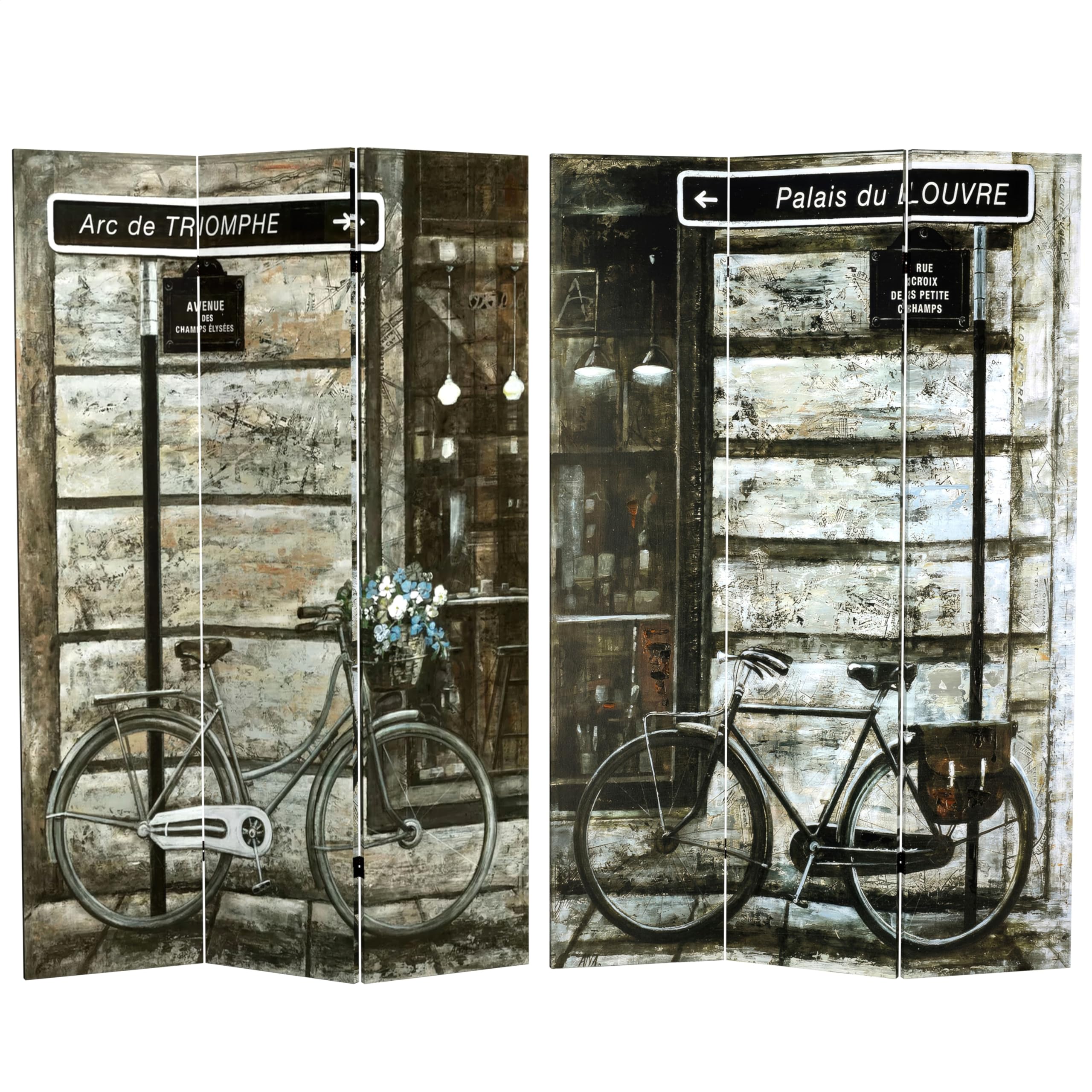 6 ft. Tall Double Sided Parisian Bicycles Canvas Room Divider - Red Lantern Design in Grey | Perfect for Home Decor, Living Room Partition & Event Backdrop