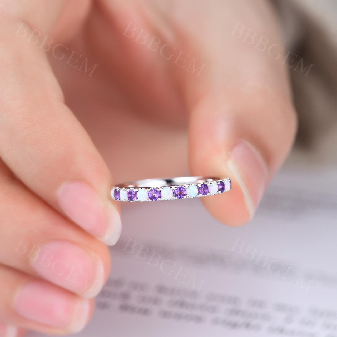 Opal Amethyst Wedding Band Ring - Half Eternity Stackable Ring for Women - 925 Sterling Silver Anniversary Gift for Her - Perfect for Bridal Jewelry, Stacking Rings & Special Occasions