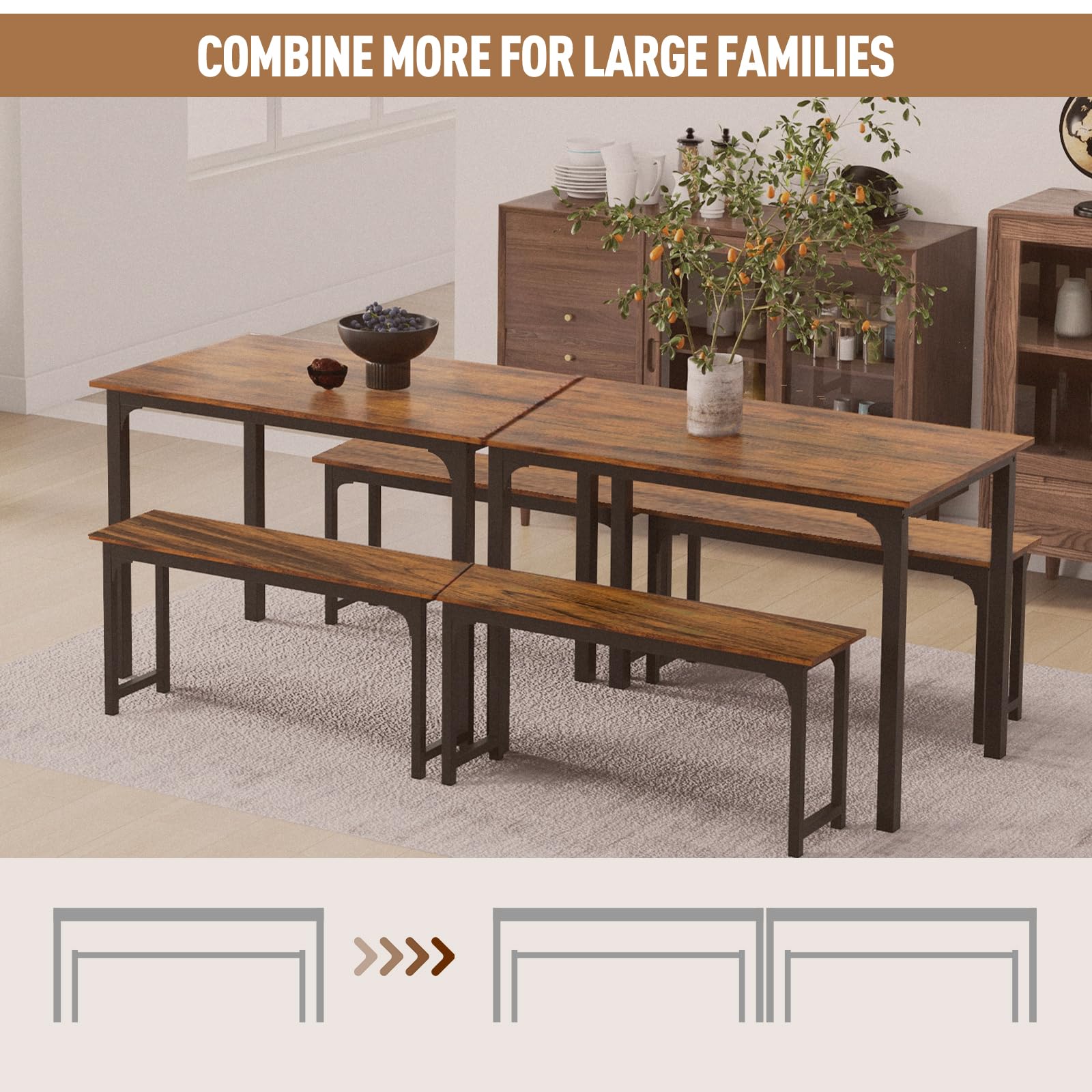NAFORT 3-Piece Space Saving Dining Table Set for 4 with 2 Benches - 43.5 Inch Compact Kitchen Table with Sturdy Metal Frame & Solid MDF Wood Board - Perfect for Small Apartments, Breakfast Nooks, Restaurants & Outdoor Patio Use