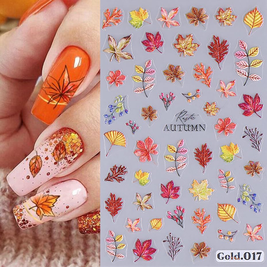 3D Embossed Fall Nail Stickers - Red Gold Maple Leaf Nail Art Decals for Women | Self-Adhesive Autumn Nail Designs | Thanksgiving Nail Accessories (4 Sheets) | Perfect for Halloween, Thanksgiving Parties & Autumn Nail Art
