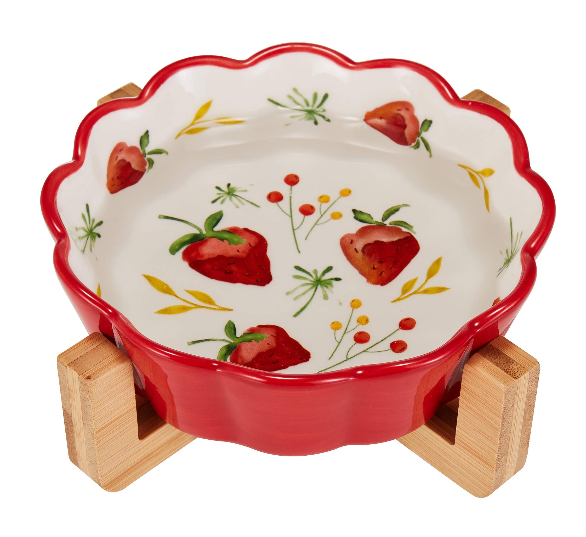 Elevated Ceramic Cat & Small Dog Food Bowl with Wood Stand - No Spill Pet Feeder, Dishwasher & Microwave Safe (Red, 5.9x5.9x2.6 Inch) - Perfect for Mess-Free Feeding in Kitchens & Living Spaces