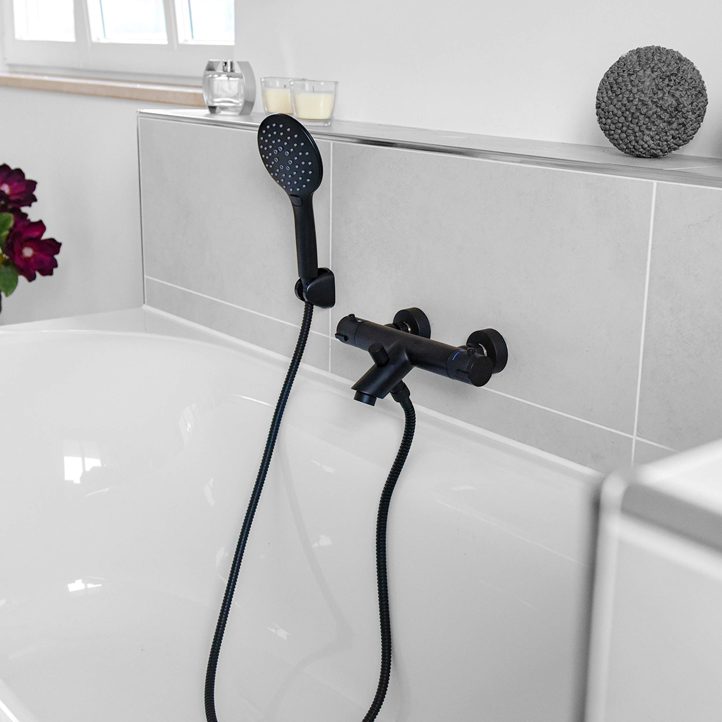 Wall Mounted Noir NERS2 Thermostatic Bath Mixer Tap - Matt Black Brass Body with Temperature Control Handle & Hot Water Lock | Perfect for Modern Bathrooms, Showers & Spa-Like Experiences