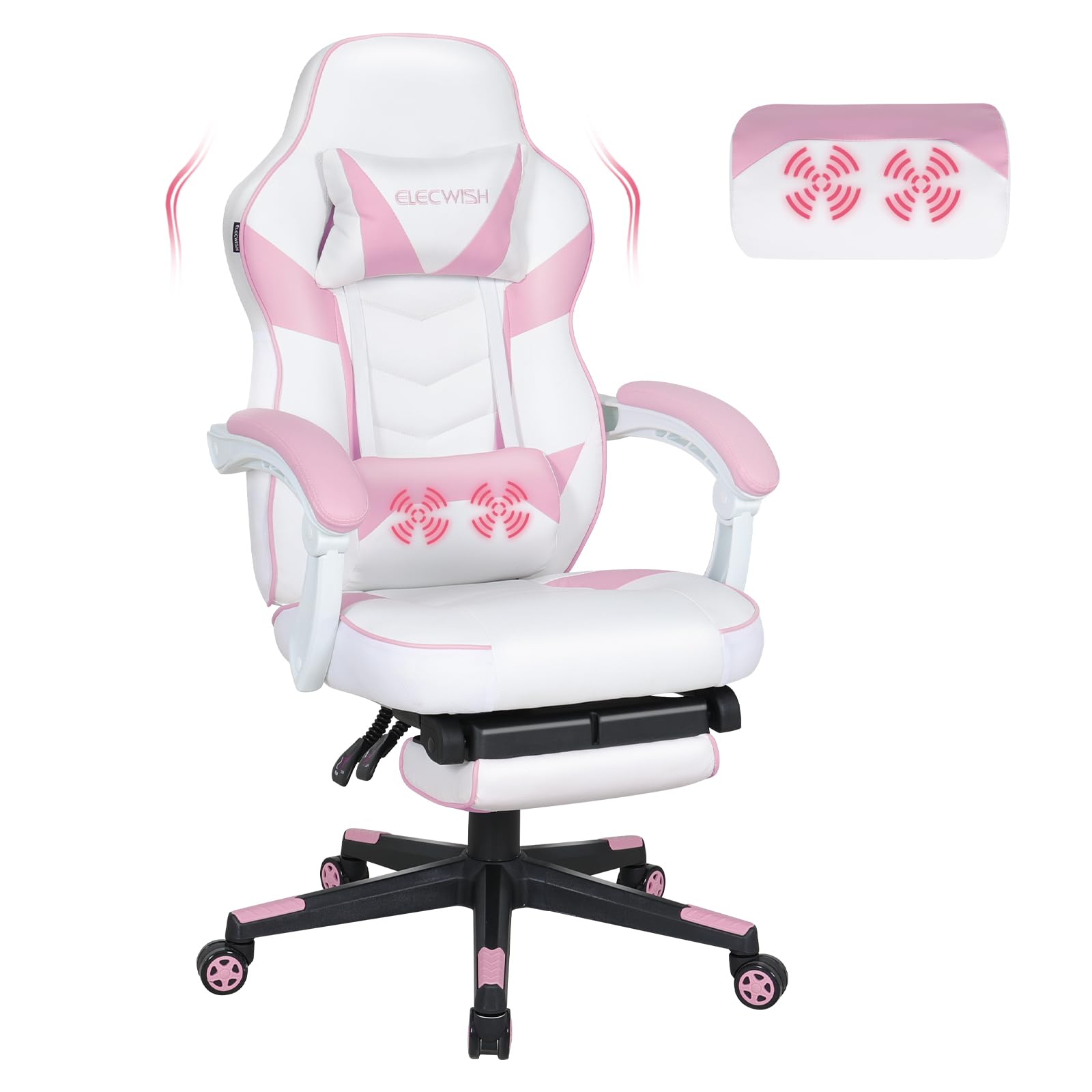 Pink Gaming Chair with Massager & Footrest - Ergonomic High Back Racing Style Computer Chair for Adults, PU Leather with Lumbar Support & Widened Seat - Perfect for Gaming, Office Work & Home Relaxation (Pink)