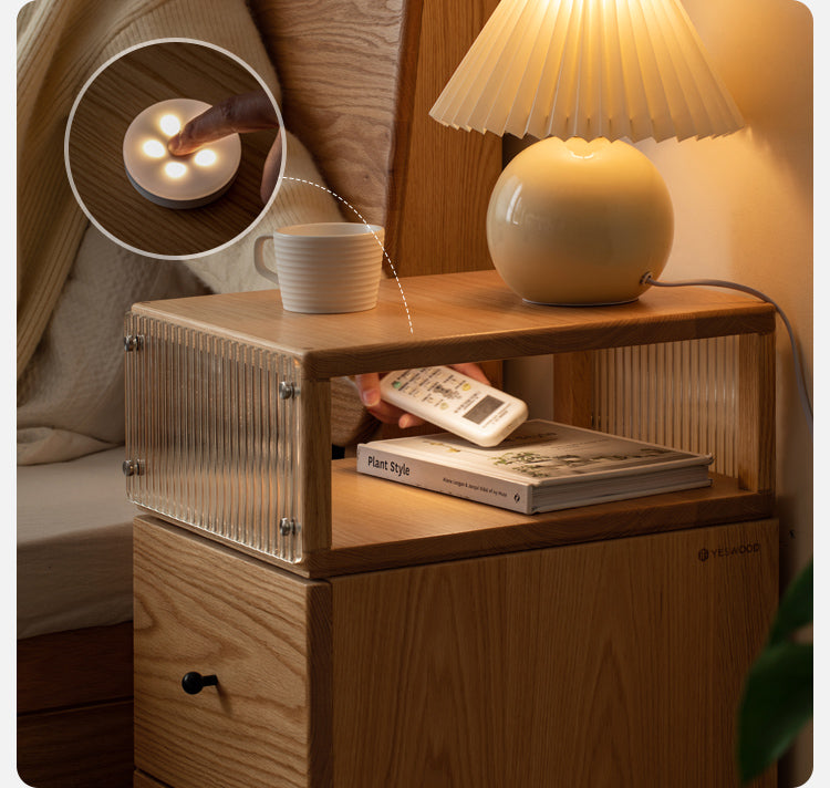 Solid Oak Wood Nightstand with Wheels and Built-in Light - Narrow Bedside Table for Small Spaces - Perfect for Bedrooms, Dorms, and Apartments