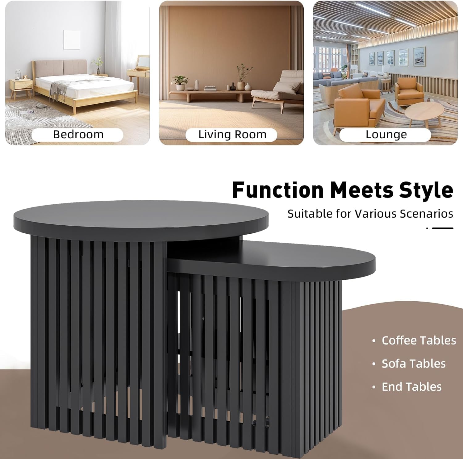 Modern Round Nesting Coffee Table Set of 2 - Fluted Panel Design with Storage Shelf - Living Room Side Tables for Small Spaces (Black) - Perfect for Coffee, Books & Decor in Apartments and Condos