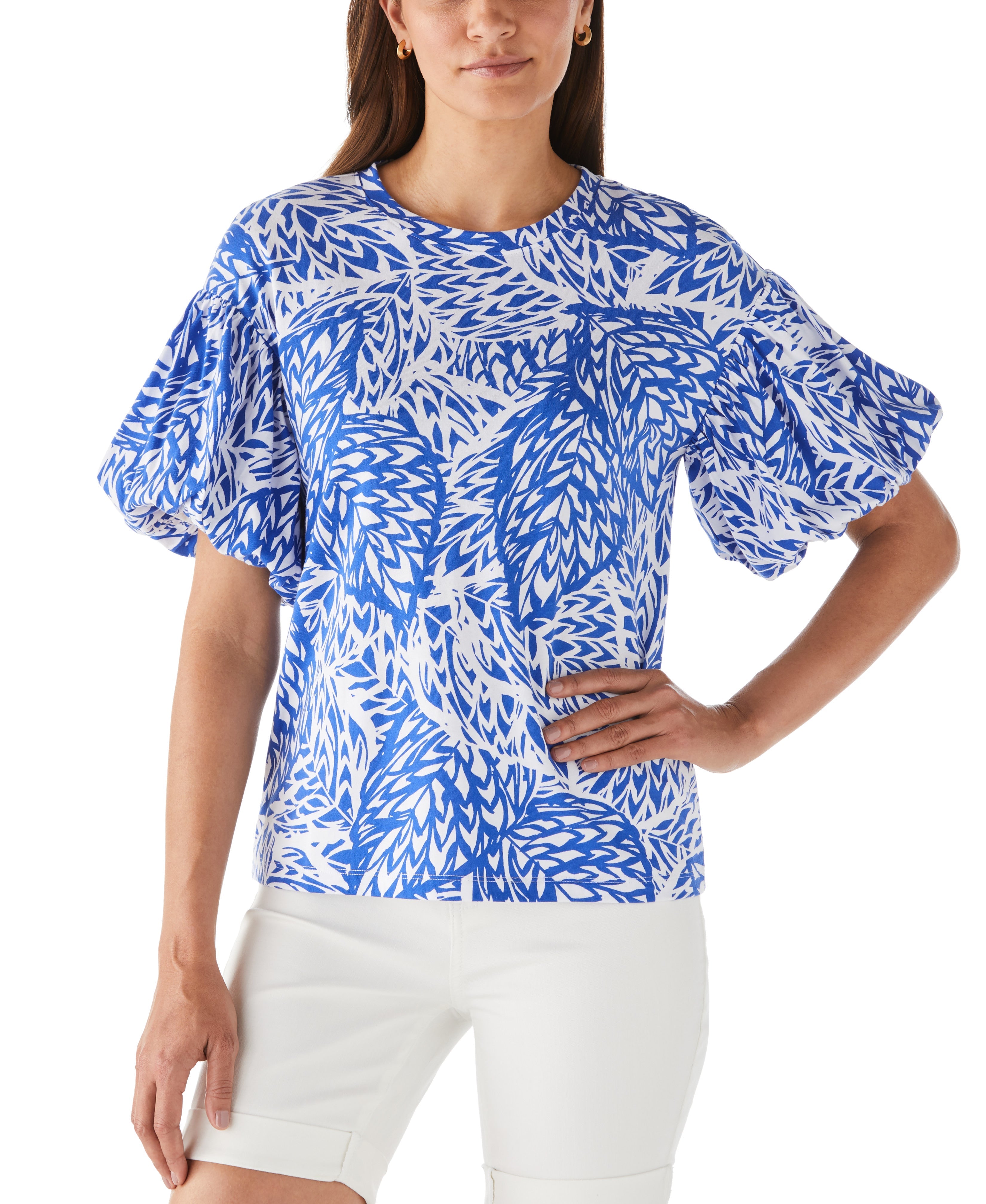 Floral Print Knit Bubble Sleeve Tops for Women - Trendy Blouse for Spring Summer Outfits, Casual Date Night & Office Wear