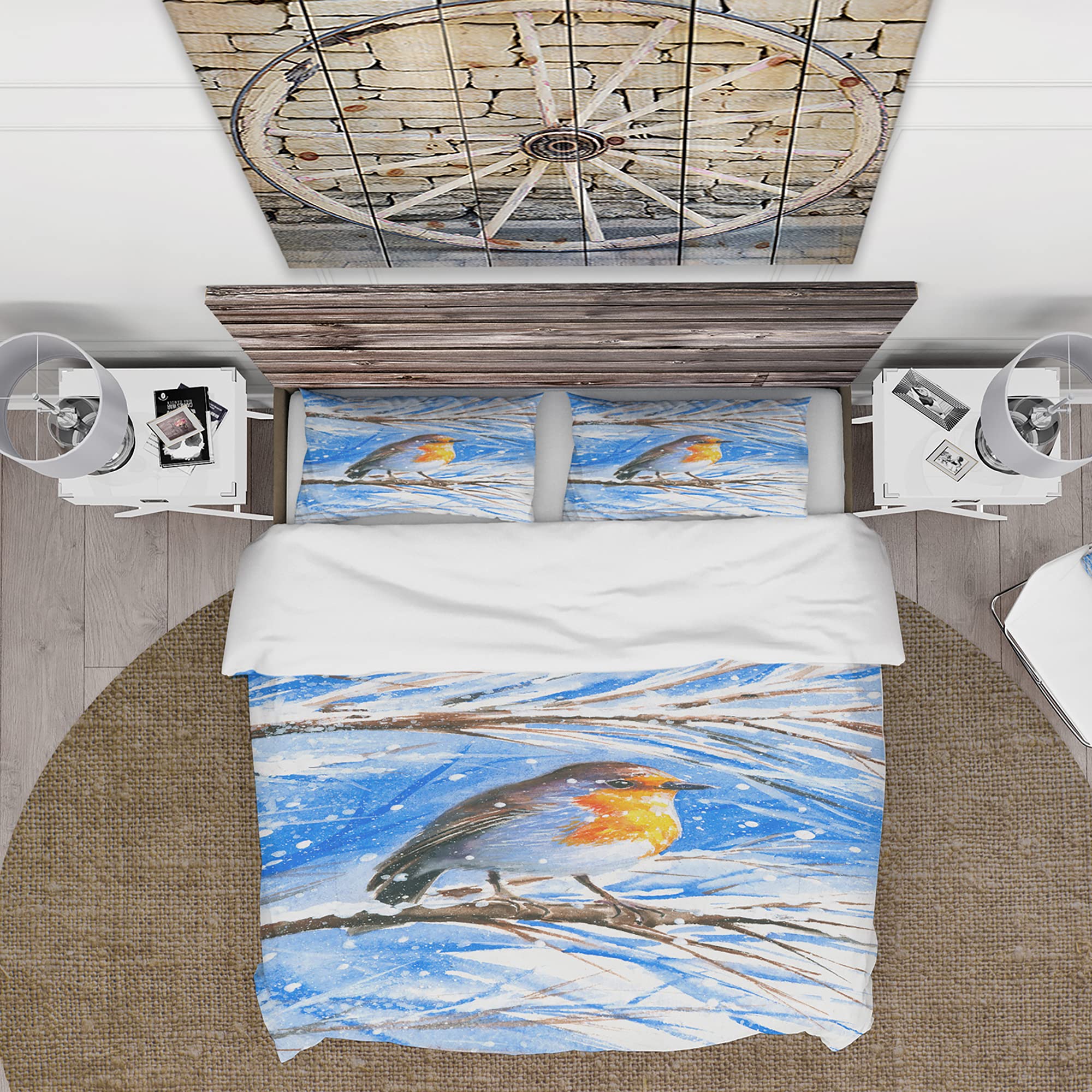 DesignQ Robin in Winter Traditional Blue Duvet Cover Set Twin Size - 3 Piece Animal Print Bedding Set for All Seasons | Cozy Winter Bedroom Decor for Kids & Adults