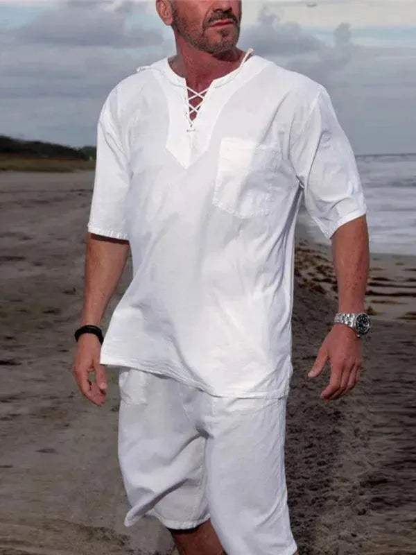 Men's Relaxed Fit Cotton V-Neck T-Shirt & Shorts Set - Comfortable Summer Casual Outfit for Lounge, Beach, and Travel