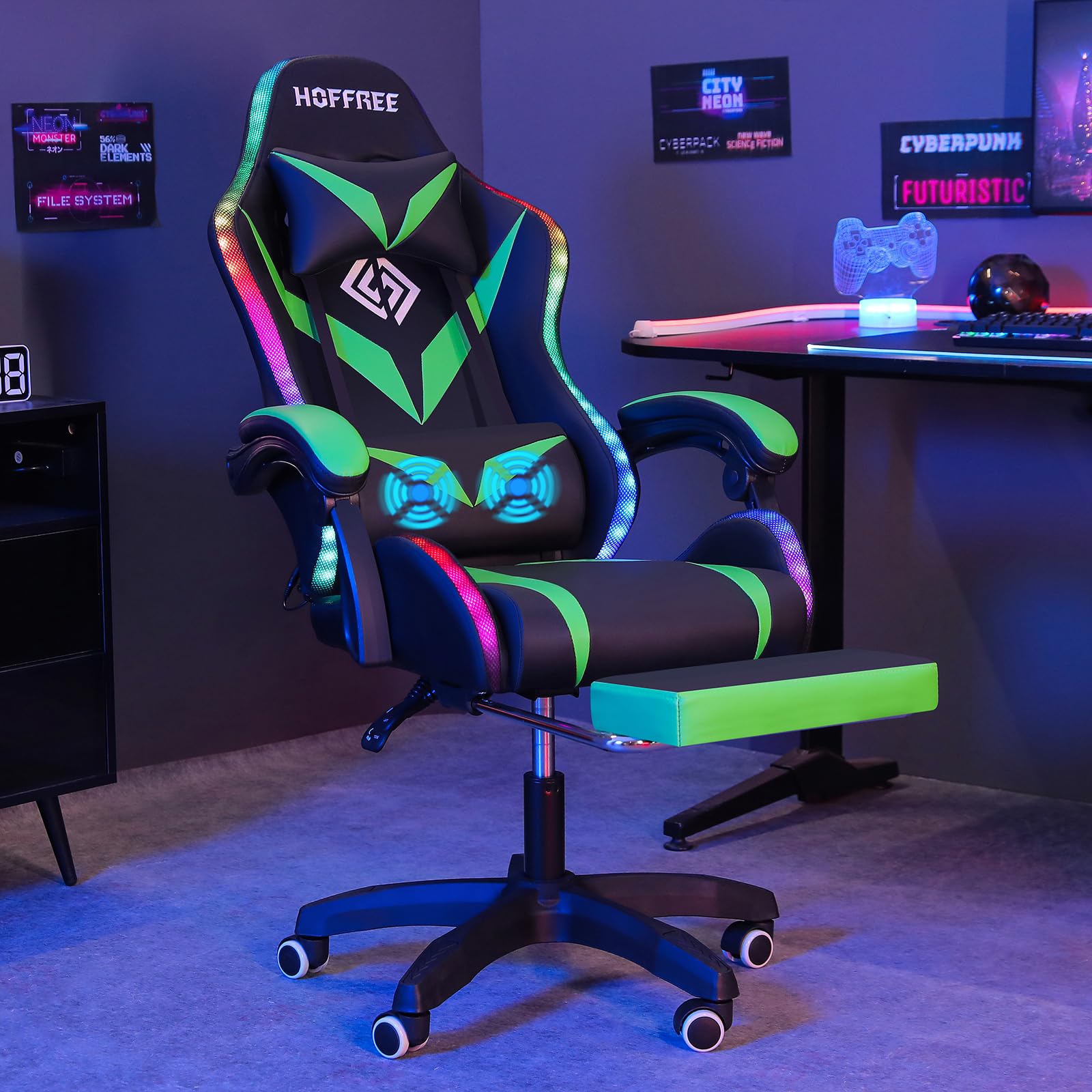 HOFREE Ergonomic Gaming Chair with Massage & LED Lights - High Back Reclining Computer Chair with Adjustable Lumbar Support & Footrest - Green & Black - Perfect for Esports, Streaming & Home Office Setup