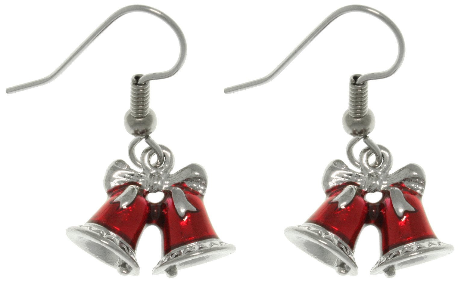 Pewter Red Holiday Christmas Bells Dangle Earrings - Festive Jewelry for Christmas Parties & Gift Giving