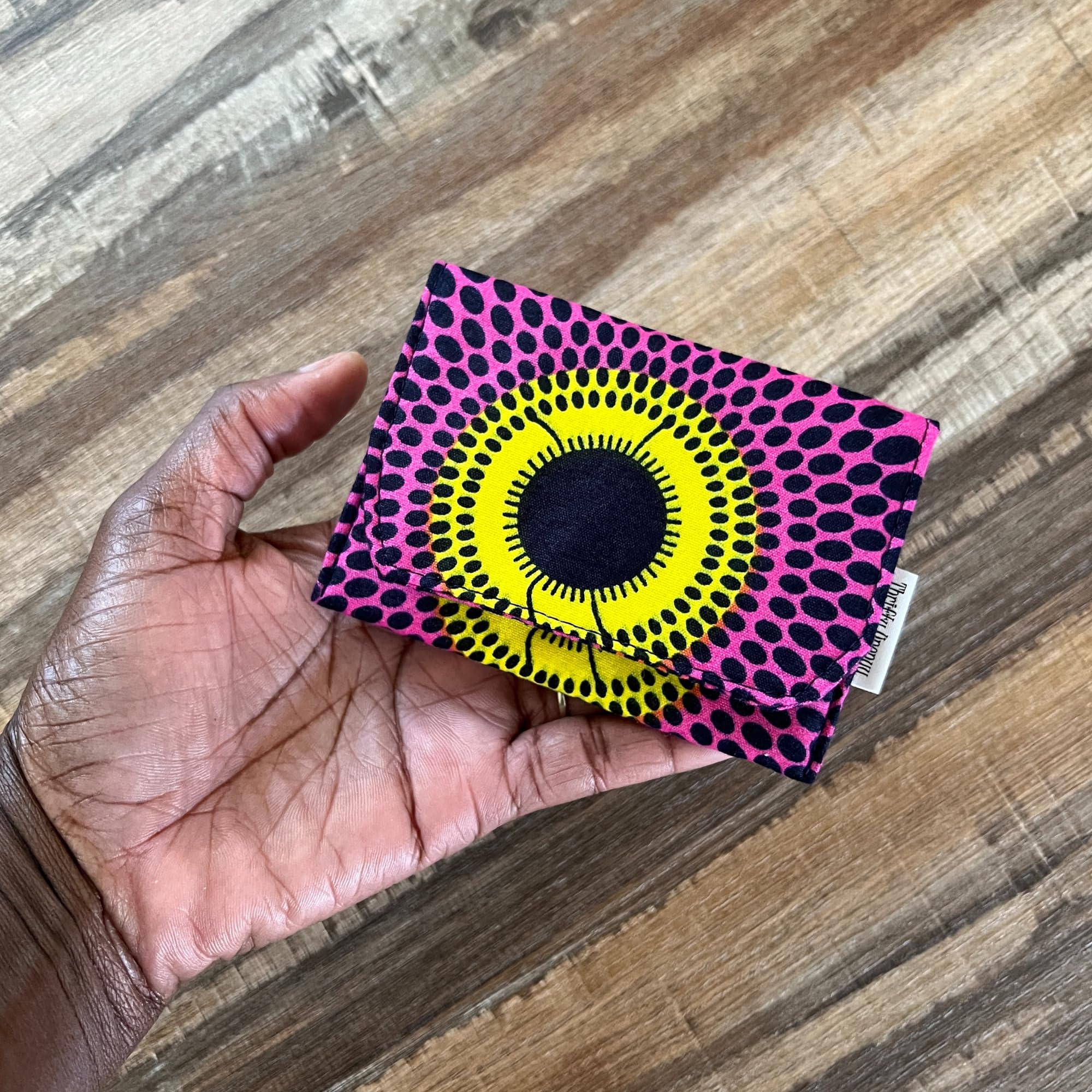 African Print Mini Card Holder - Business & Loyalty Card Case with Pink Yellow Black Dots - Perfect for Networking Events, Office Use & Gift Giving