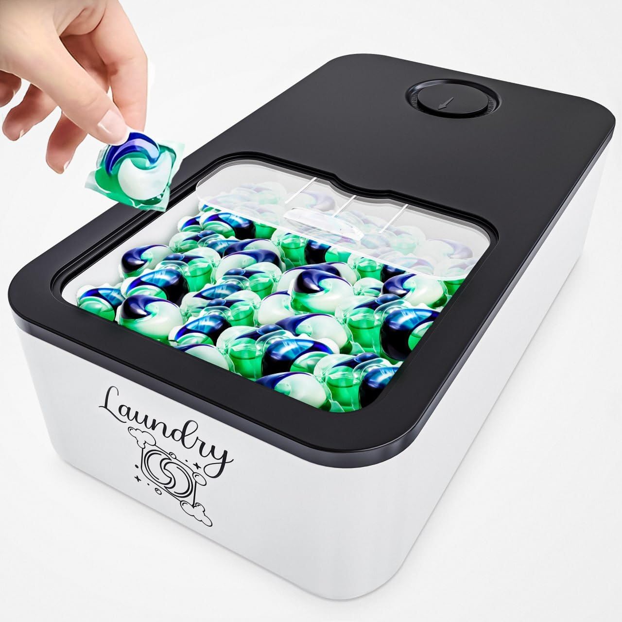 Skywin Laundry Detergent Pod Storage Container with Slide Lid - 15 x 8.7 x 4.5 Inches - Holds 11 lbs or 120-150 Pods - Black with Print - Perfect for Laundry Room Organization & Pod Storage