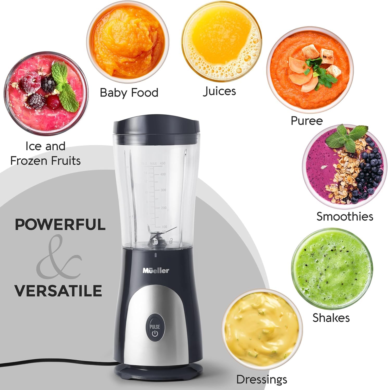 Mueller Smoothie Blender - Powerful 400W Personal Blender for Shakes, Frozen Drinks, Baby Food & Protein Smoothies | 15oz Travel Cup with Leakproof Lid | Stainless Steel Blades | Perfect for Kitchen, Gym & On-the-Go Blending