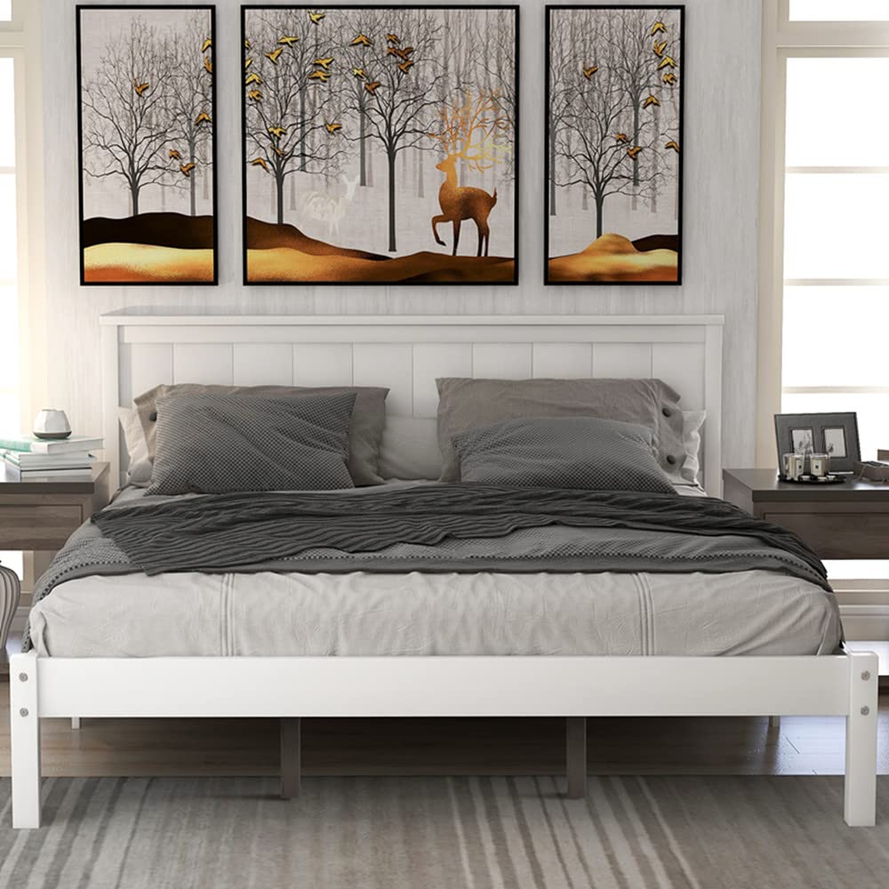 Queen Size Solid Wood Platform Bed Frame with Headboard - Retro Style Wood Slat Support, No Box Spring Needed - Perfect for Bedroom, Apartment & Guest Room (White)