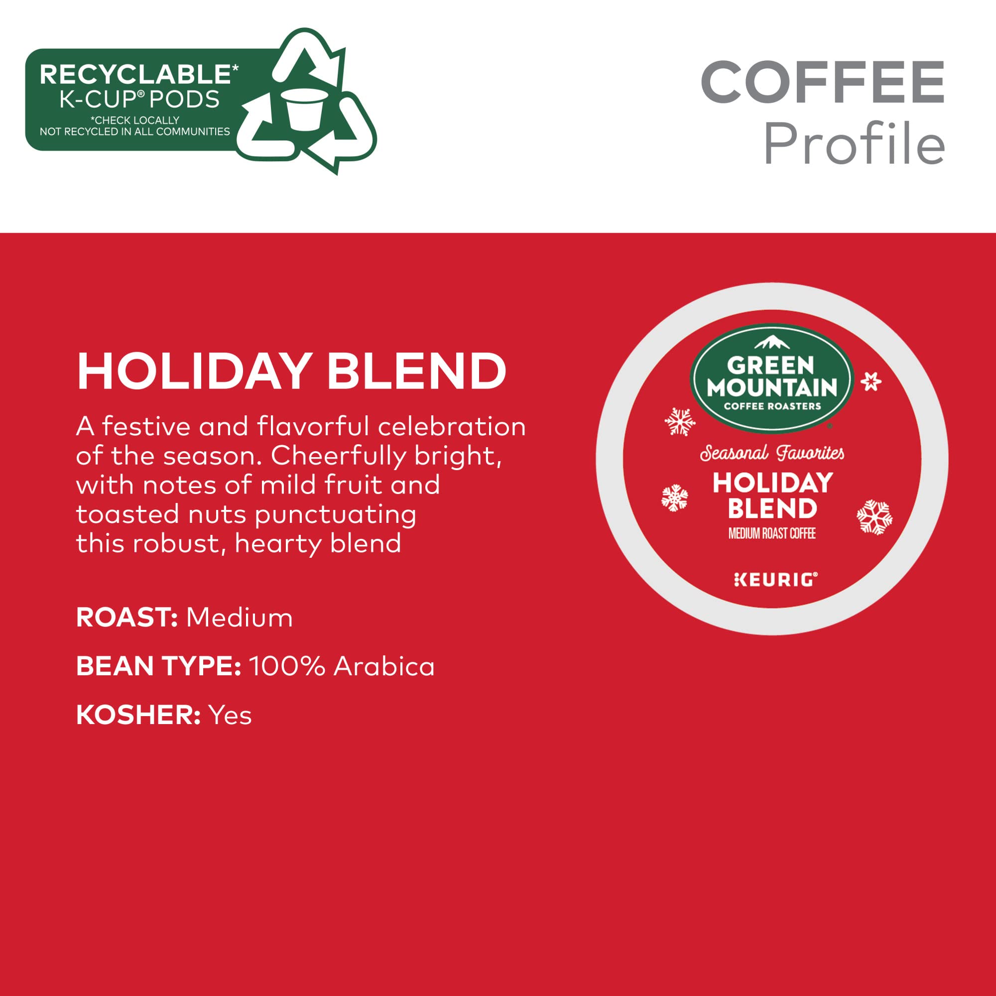 Green Mountain Coffee Roasters Holiday Blend K-Cups - 10 Count Single Serve Coffee Pods for Keurig Brewers - Perfect for Christmas Morning & Winter Gatherings