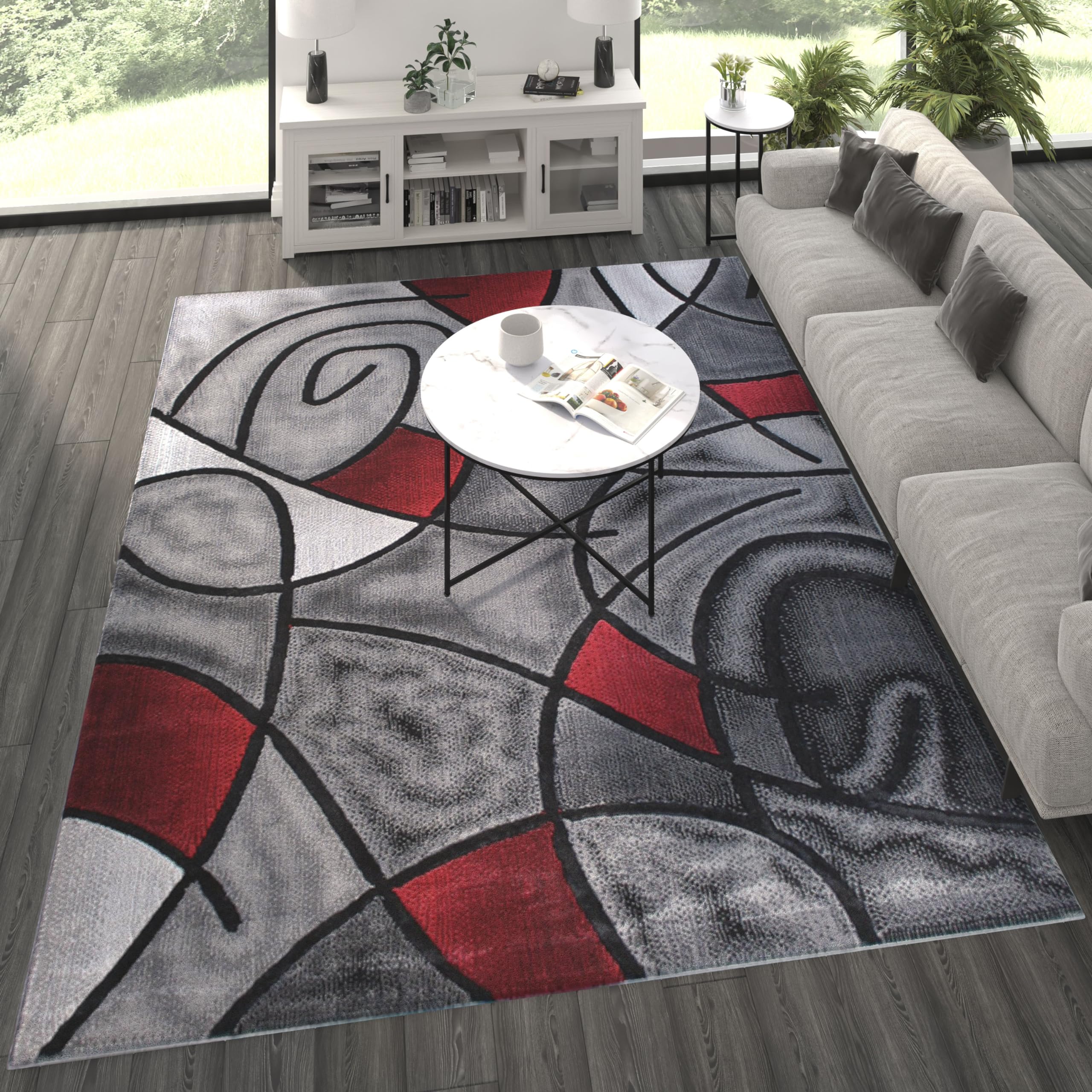 8' x 10' Red Abstract Area Rug - Soft Olefin Rug with Non-Slip Jute Backing - Perfect for Living Room, Bedroom & Family Room - Adds Modern Style to Any Home Decor