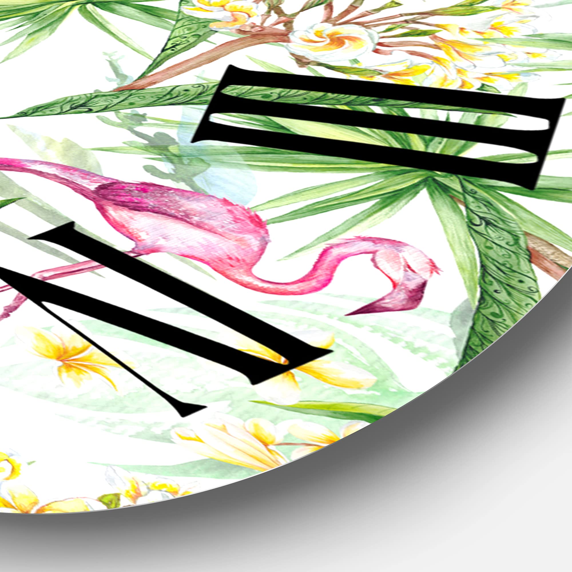 DesignQ Modern Wall Clock 'Tropical Foliage with Yellow Flowers & Flamingo' - Large Floral Botanical Wall Clock for Kitchen, Living Room, Bedroom Decor | Perfect for Home, Office & Farmhouse Style Spaces