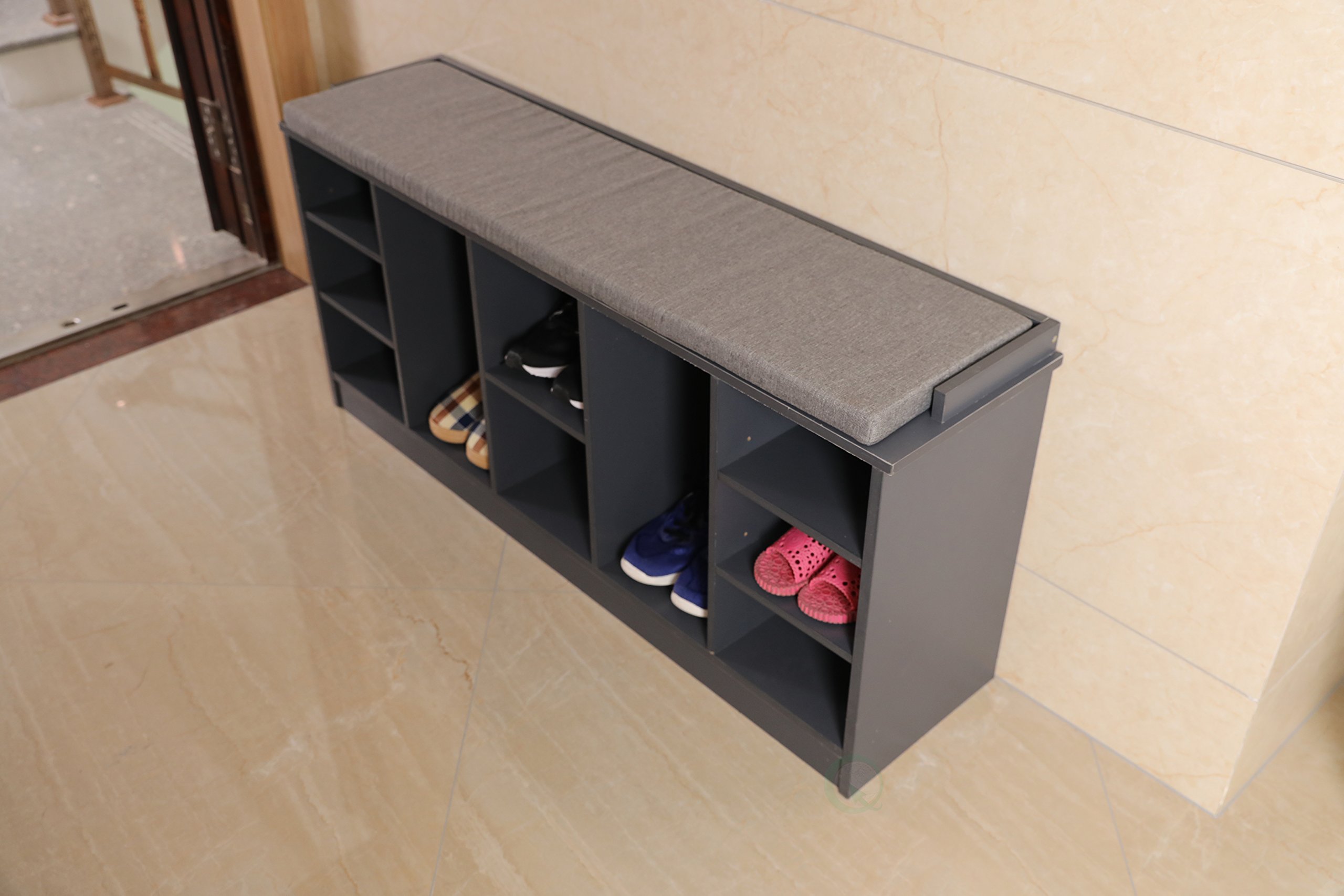 Basicwise QI003280LNEW Wooden Shoe Storage Bench with Soft Cushion - Entryway Organizer & Seating Solution, Grey - Perfect for Hallway, Mudroom & Small Space Organization
