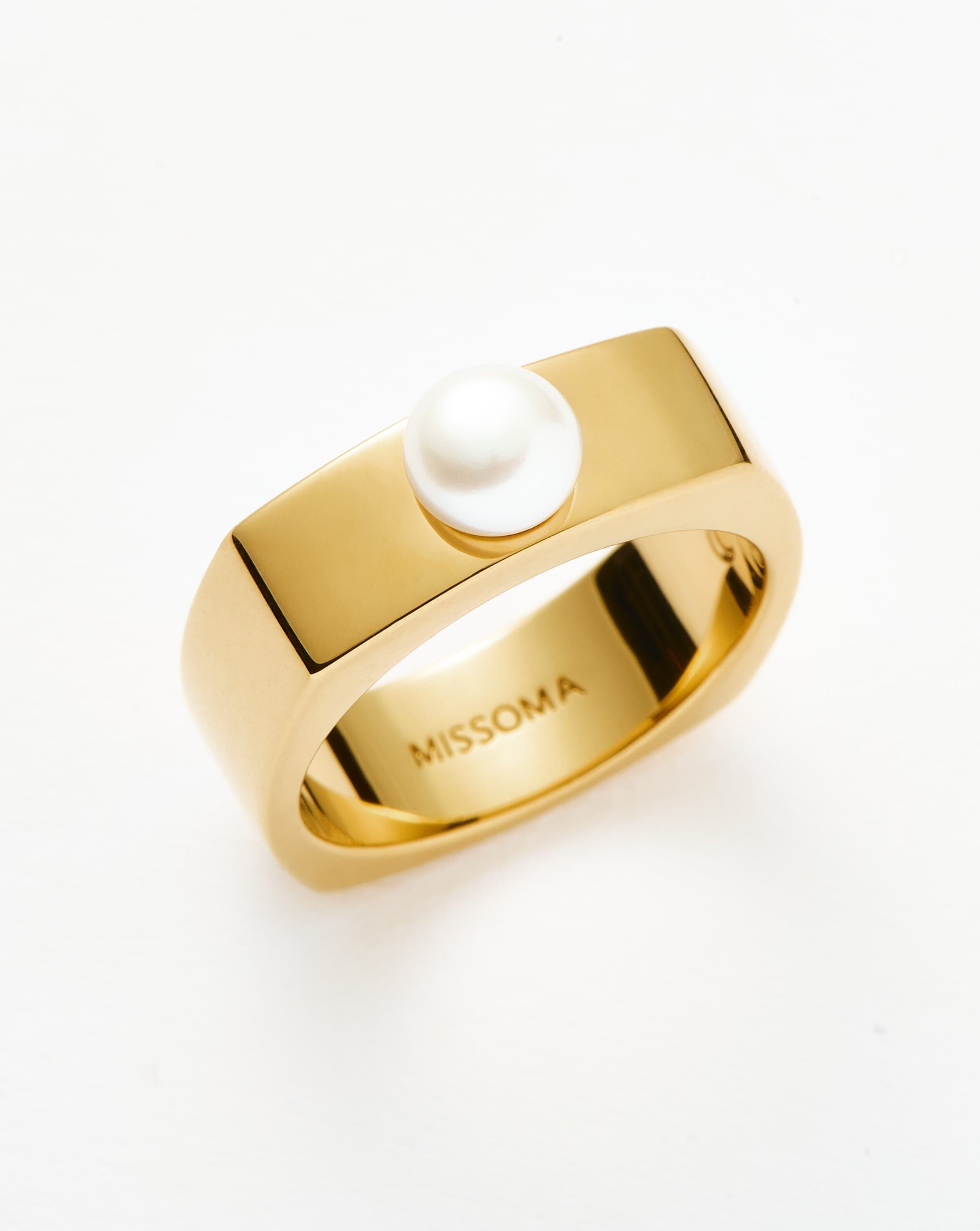 18k Gold Plated Button Pearl Square Chunky Ring - Elegant Vermeil Pearl Jewelry for Women, Perfect for Weddings, Parties & Everyday Wear