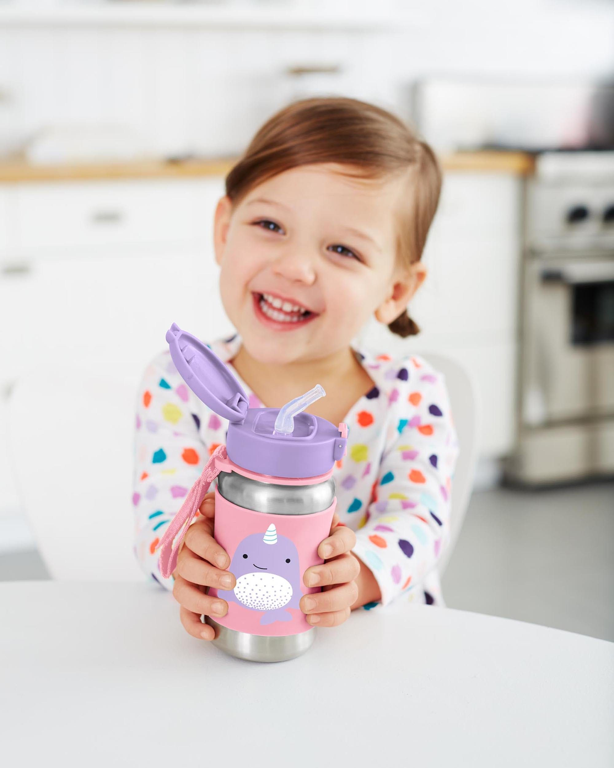 Skip Hop Zoo Stainless Steel Straw Bottle - Insulated Kids Water Bottle with Leak-Proof Lid, BPA-Free & Eco-Friendly - Perfect for School, Travel & Outdoor Activities
