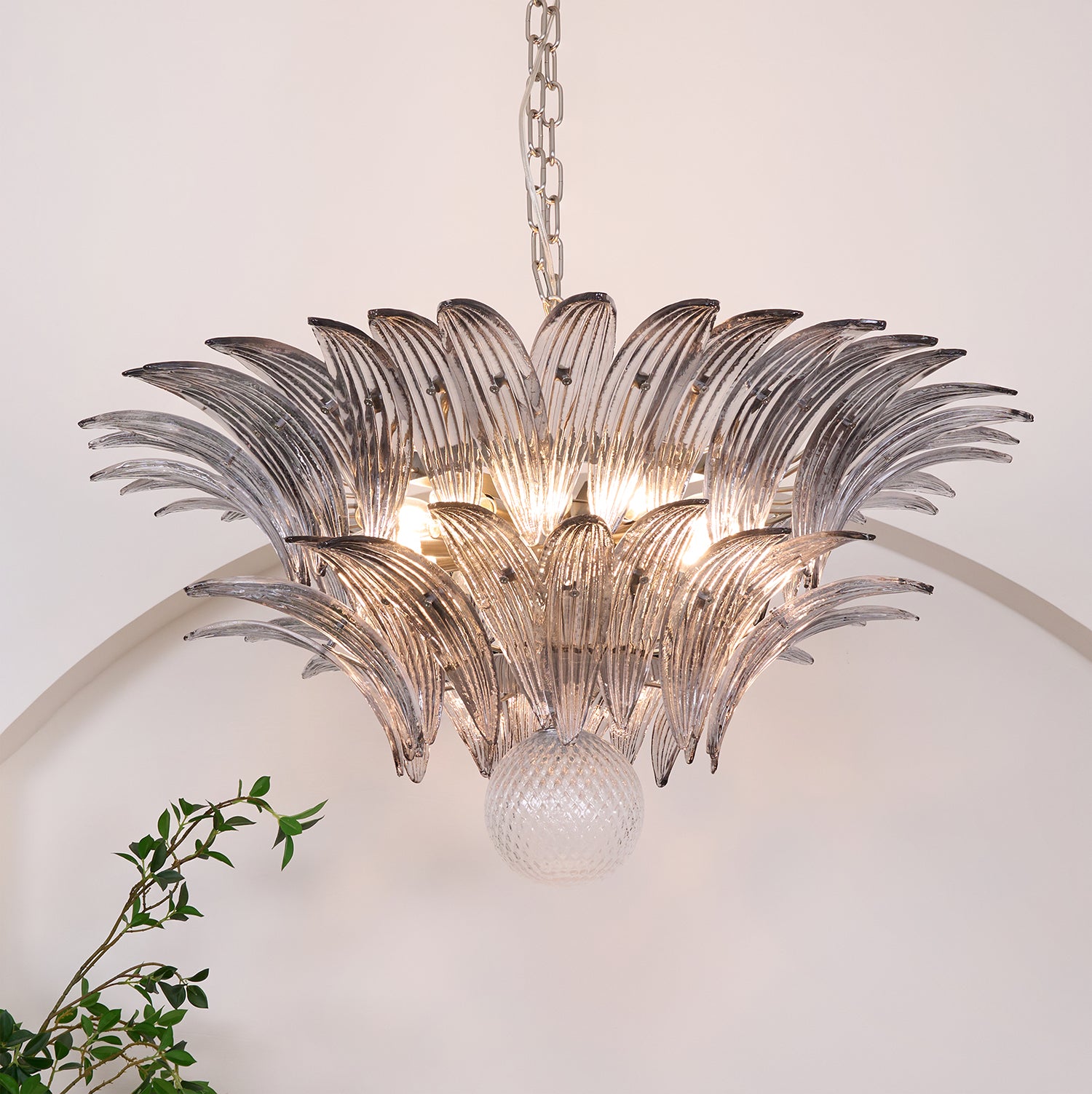 Murano Glass Palmette Transparent Crystal Chandelier - Elegant Lighting Fixture for Dining Room, Living Room & Bedroom Decor