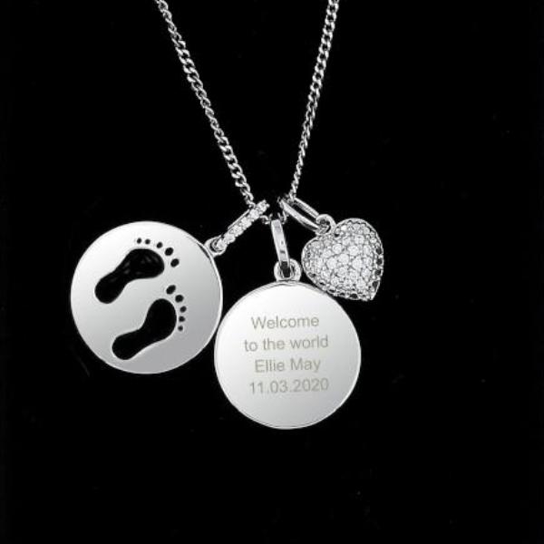 Personalized Sterling Silver Footprints & Cubic Zirconia Heart Pendant Necklace - Unique Baby Keepsake Gift for Newborn, Christening, or Mother's Day