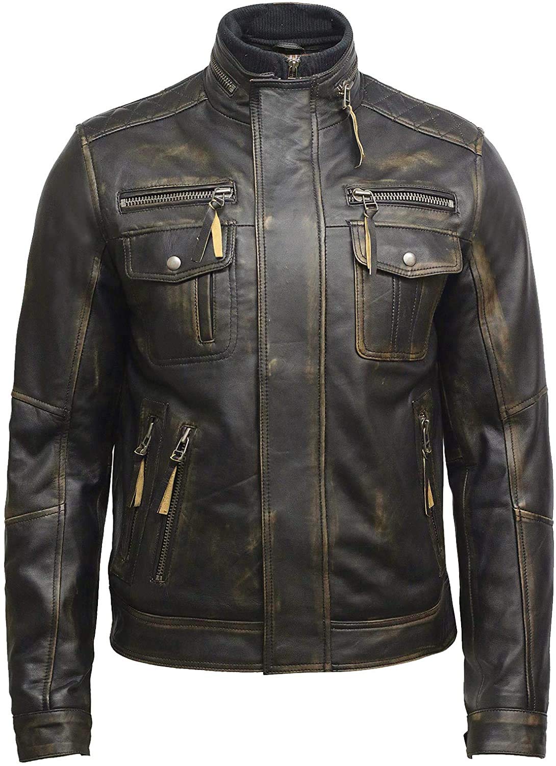 BRANDSLOCK Black Men's Real Sheepskin Leather Jacket - Motorcycle Biker Jacket for Men, Stylish Outerwear for Riding, Casual Wear & Winter Fashion