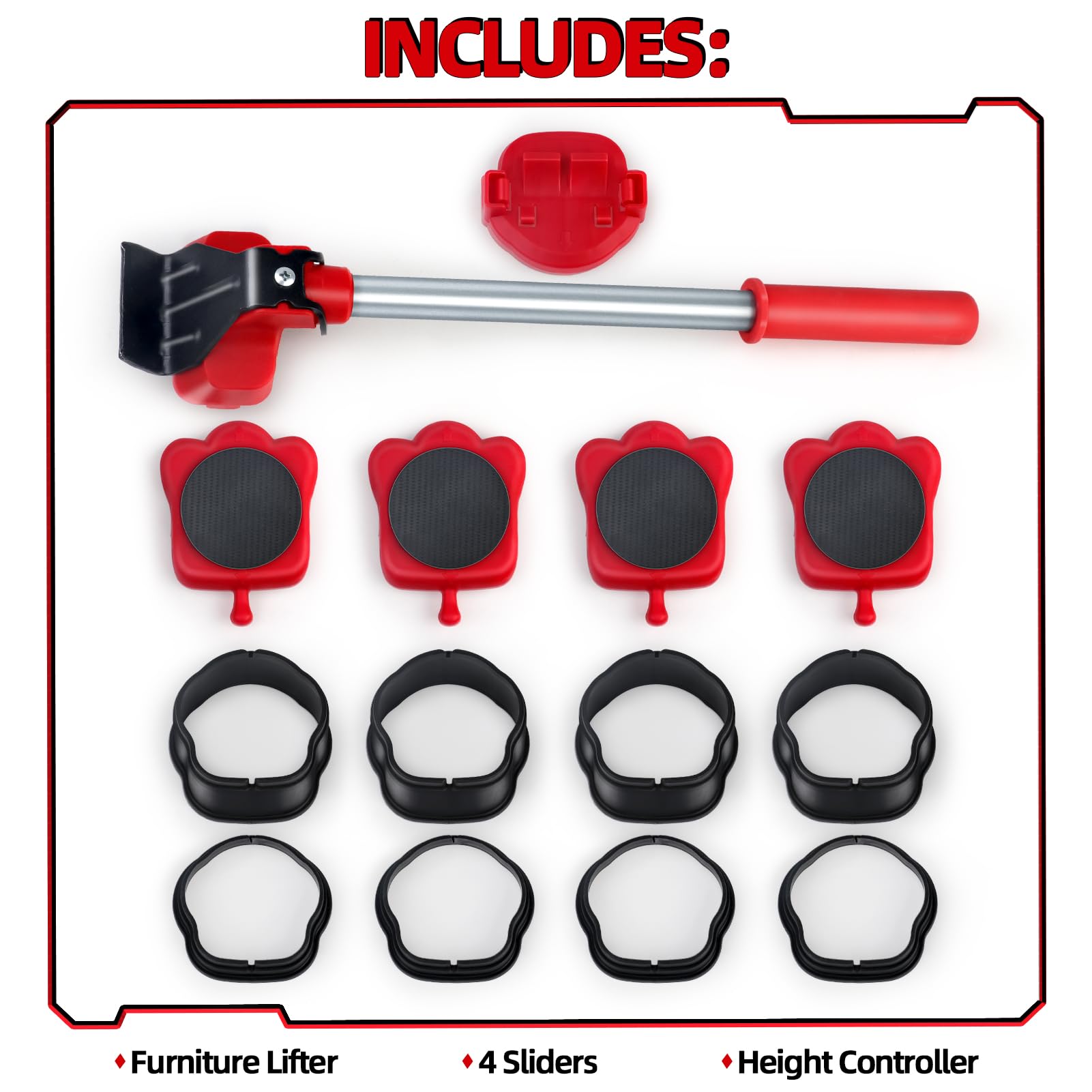 Heavy Duty Furniture Lifter & Mover Tool Set with 4 Sliders - 660lbs Capacity for Sofas, Beds, Cabinets - Red - Perfect for Home Moving, Office Relocation & Furniture Rearranging