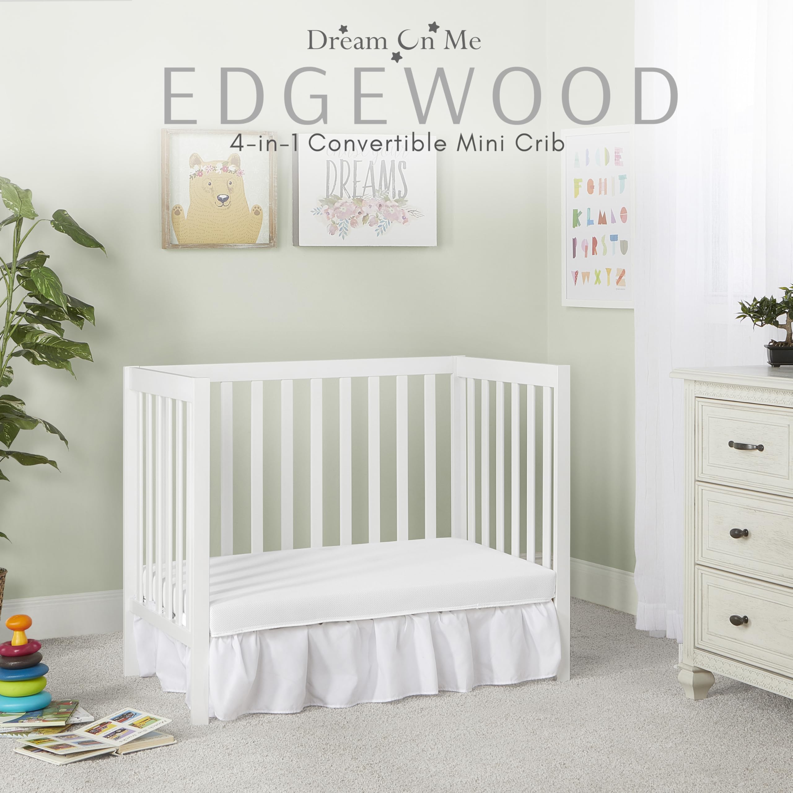 Dream On Me Edgewood 4-in-1 Convertible Mini Crib - White | JPMA Certified, Non-Toxic Finish, New Zealand Pinewood | 3 Adjustable Mattress Heights with 1