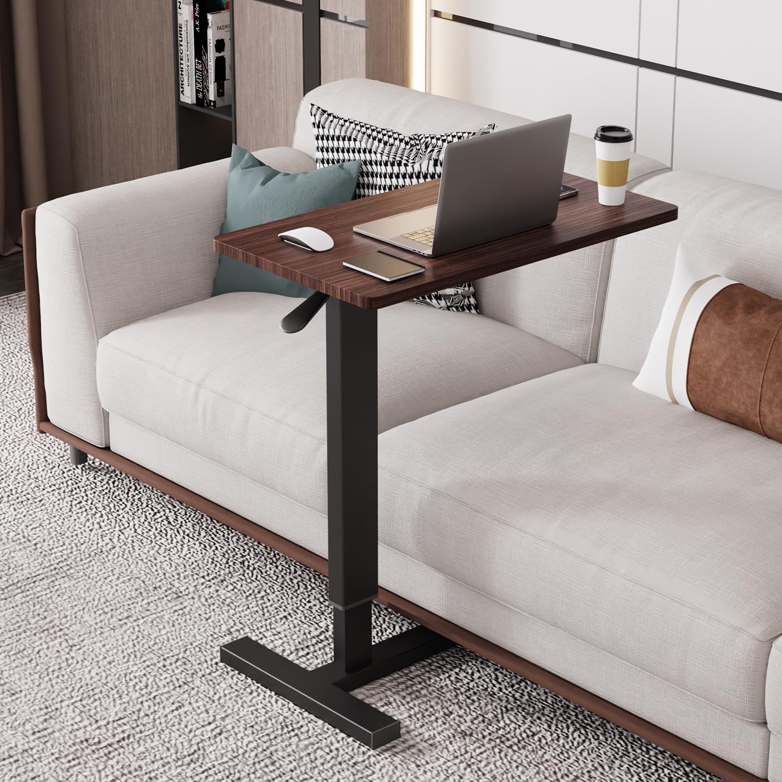 Adjustable Overbed Bedside Table with Wheels - Rolling Laptop Desk for Hospital & Home Use, Pneumatic Height Mobile Standing Workstation (Brown) - Perfect for Bedside Meals, Laptop Work, and Reading in Bed
