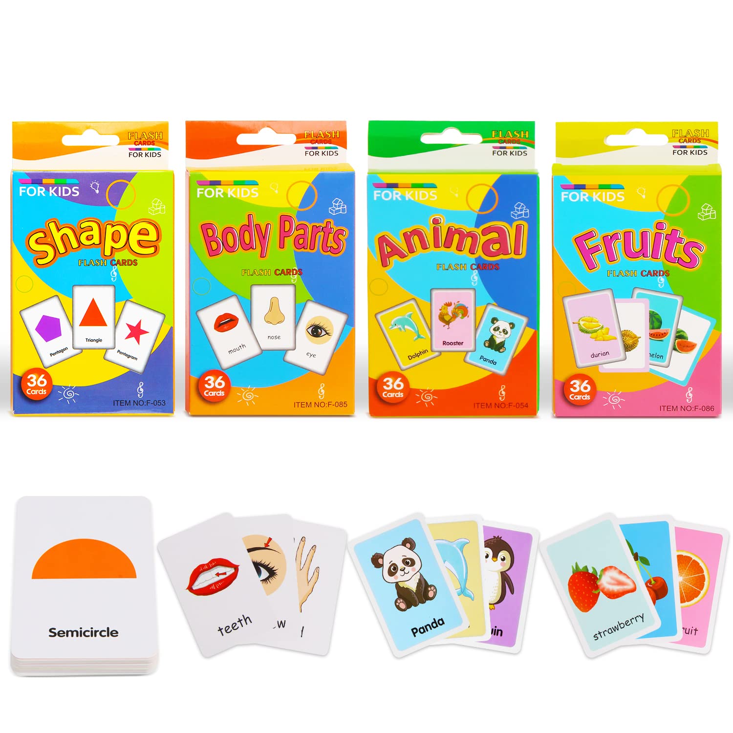 SULOLI Alphabet Flash Cards for Toddlers - 4 Small Boxes Set with Shapes, Animals, Fruits & Body Parts (144 Cards) | Fun Learning Educational Kids Cards for Preschool & Homeschool Activities
