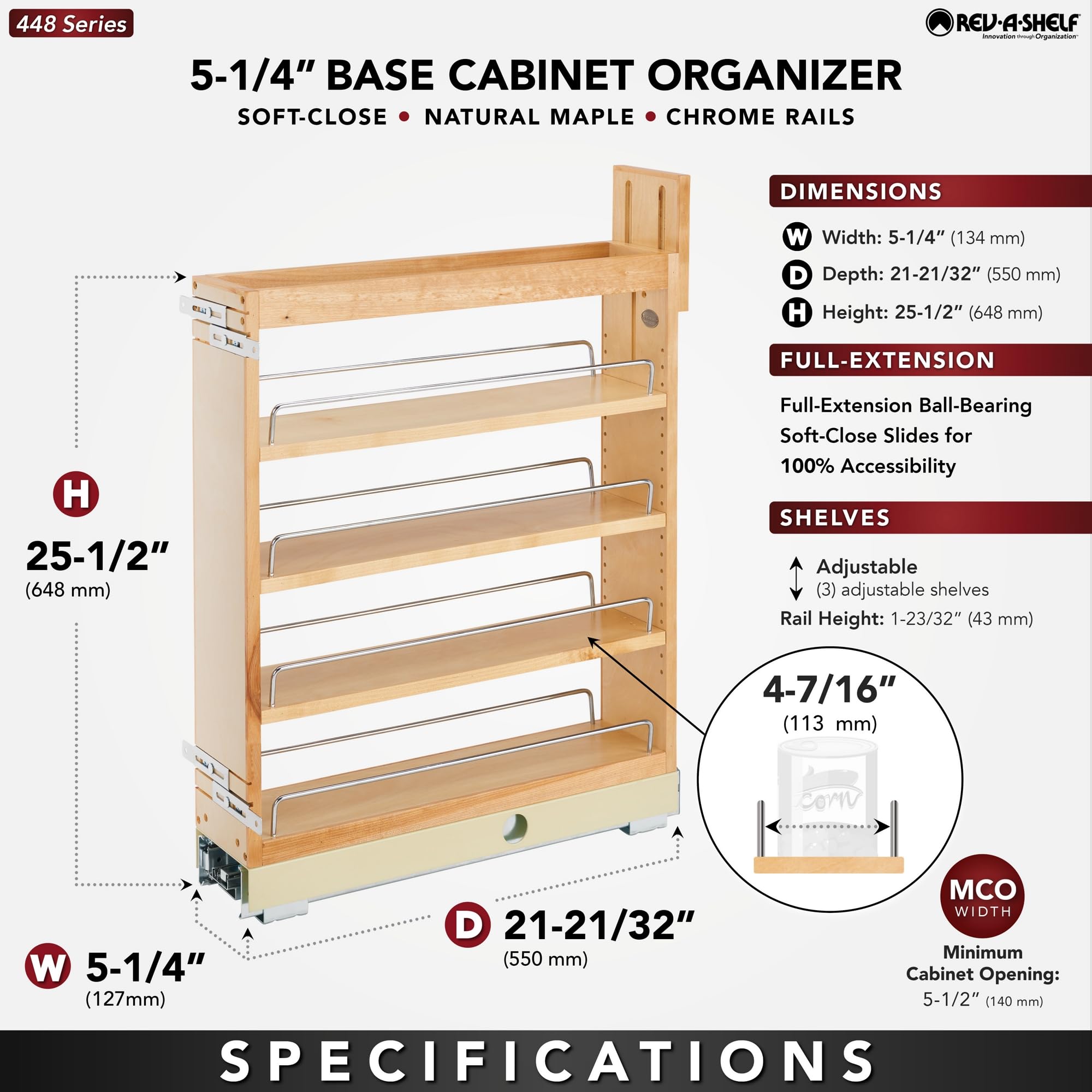 Rev-A-Shelf 5-Inch Pull-Out Cabinet Organizer - Soft Close Wooden Spice & Medicine Rack for Kitchen and Bathroom Base Cabinets (Model 448-BCBBSC-5C) - Perfect for Pantry Storage and Bathroom Organization