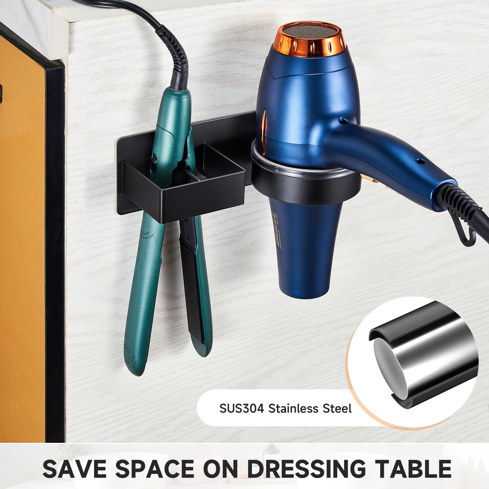 Wall Mounted Hair Dryer Holder - Adhesive Blow Dryer & Hair Straightener Organizer - Stainless Steel Bathroom Storage for Curling Irons & Hair Tools - Perfect for Salon, Home & Travel Use