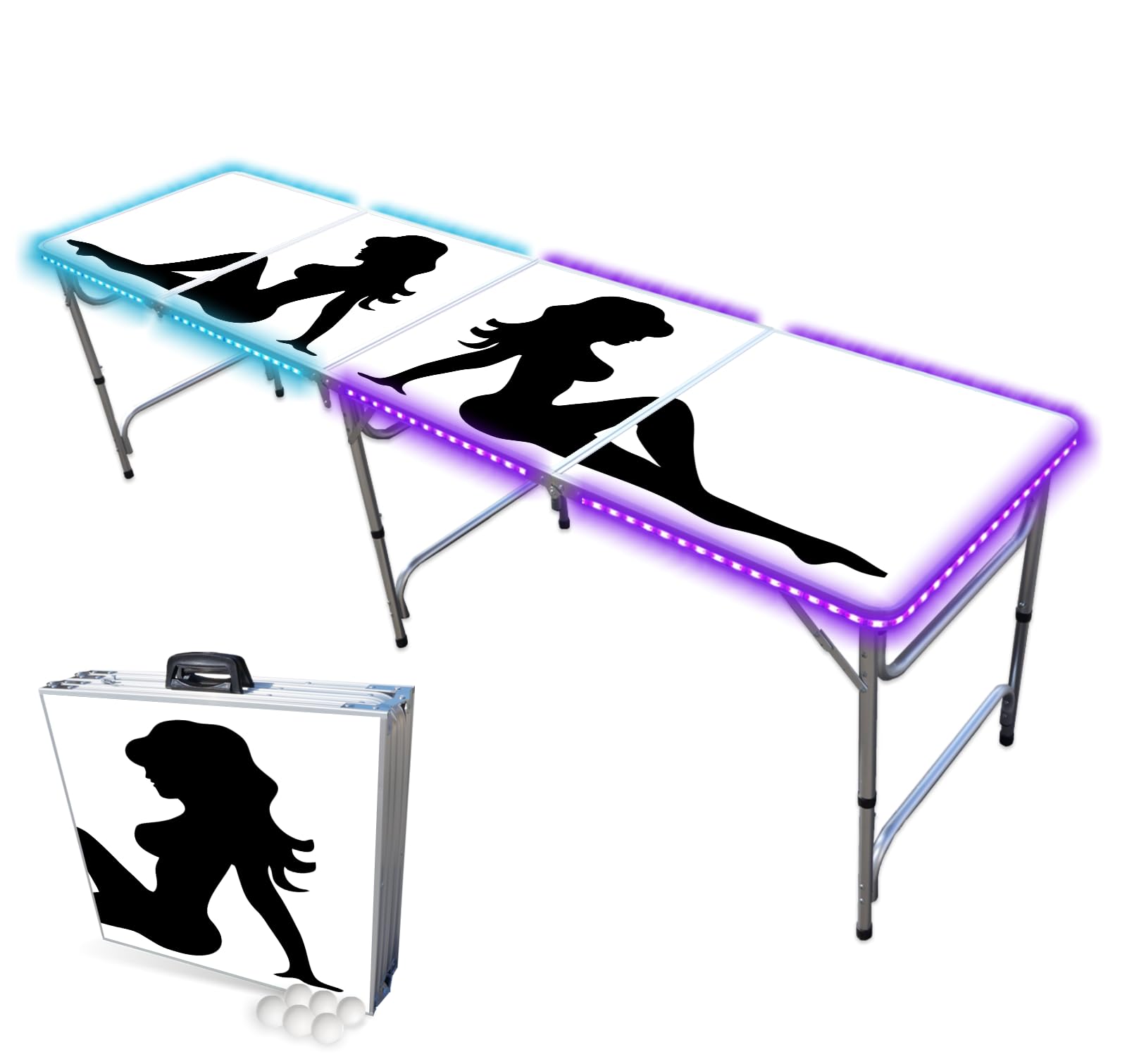 PARTYPONG 8-Foot Folding Beer Pong Table with LED Lights - Trucker Girl Edition | Portable Party Game Table for Outdoor Tailgating, College Dorms & Backyard Gatherings