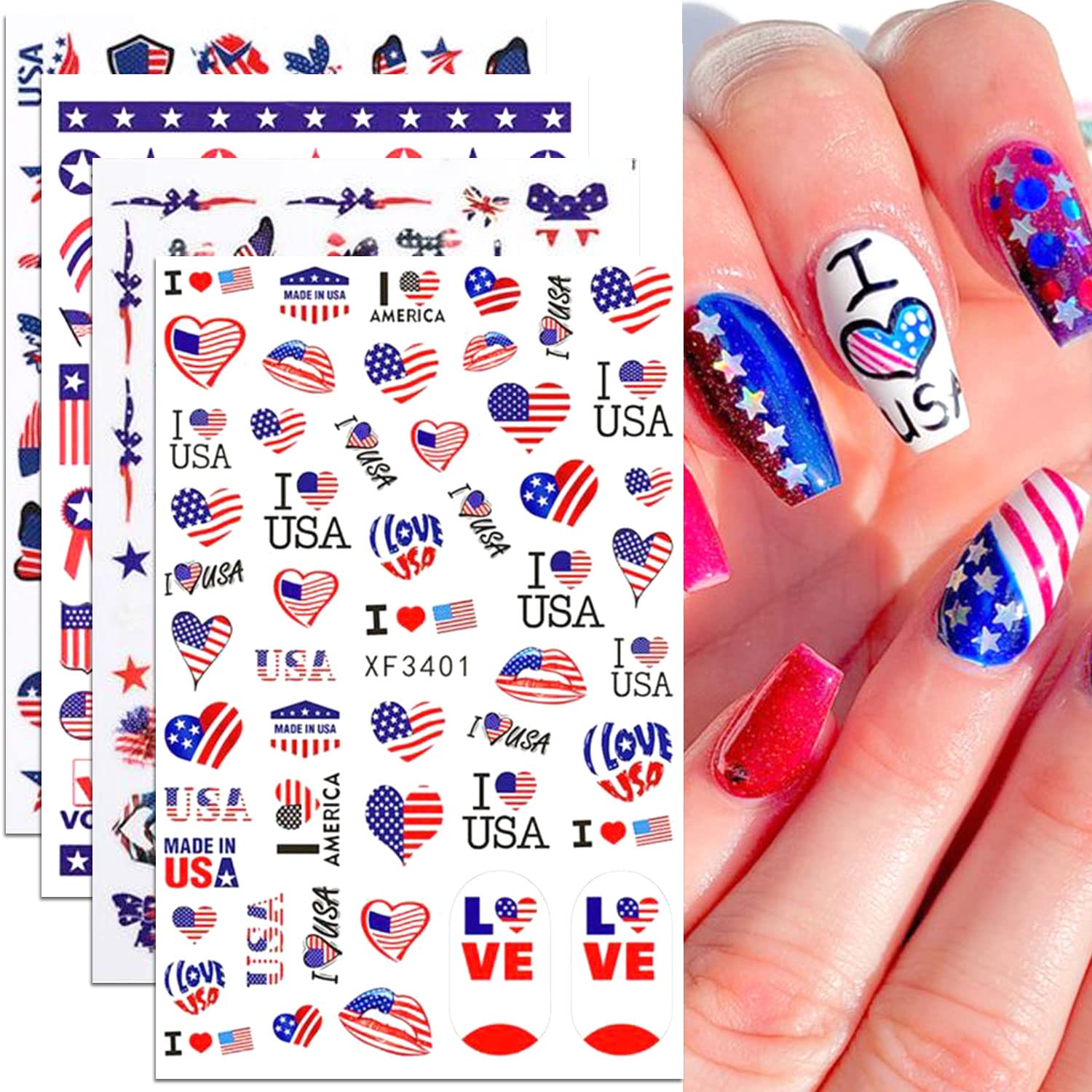 8 Sheets American Flag Nail Stickers - USA Independence Day Nail Decals with Stars, Butterflies & Heart Designs | Nail Art Supplies for Women | Perfect for 4th of July Parties, Patriotic Events & Nail Salon Decorations