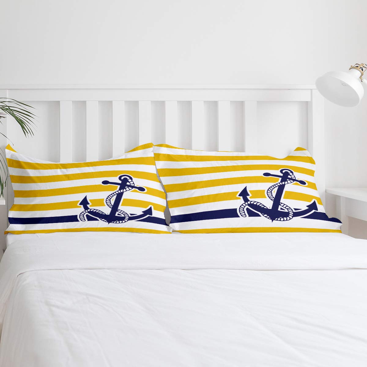 Navy Blue Nautical Anchor Duvet Cover Queen Size Set - 4 Piece Modern Bedding with Yellow & White Stripes, Zipper Closure & Ties | Soft Comforter Cover for Men, Women & Kids | Perfect for Coastal, Nautical or Beach Themed Bedrooms