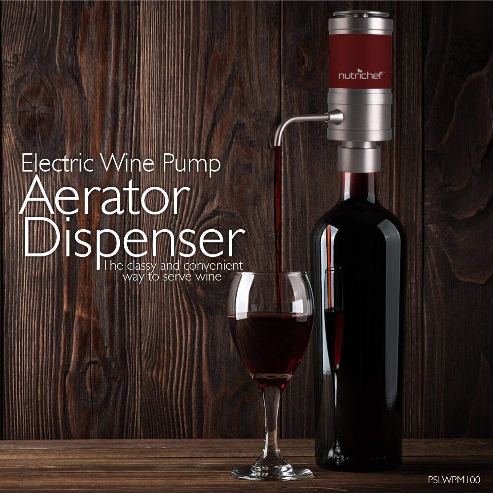 NutriChef Automatic Electric Wine Aerator & Dispenser with Metal Decanter Spout - Perfect for Red and White Wine - Ideal for Home Bars, Dinner Parties & Wine Tasting Events