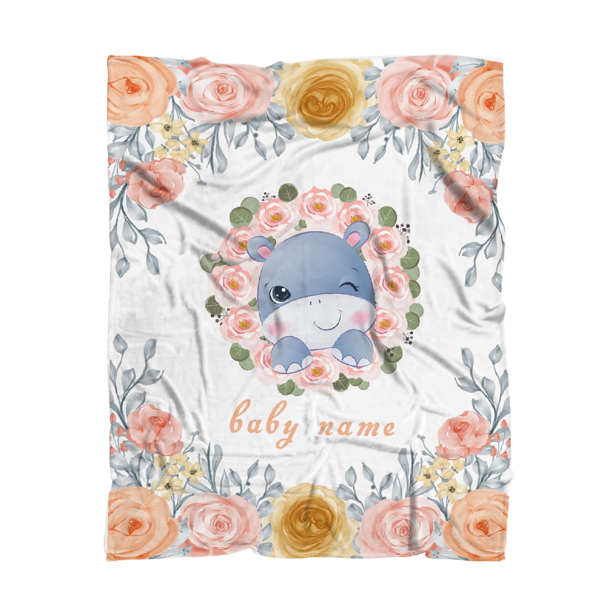 Custom Personalized Photo Blanket with Flowers & Hippo Design - Soft Cozy Fleece Throw Blanket 120x90 Inches - Perfect Gift for Women, Men, Parents, Kids & Friends - Great for Family Movie Nights, Bedroom Decor & Cozy Winter Evenings