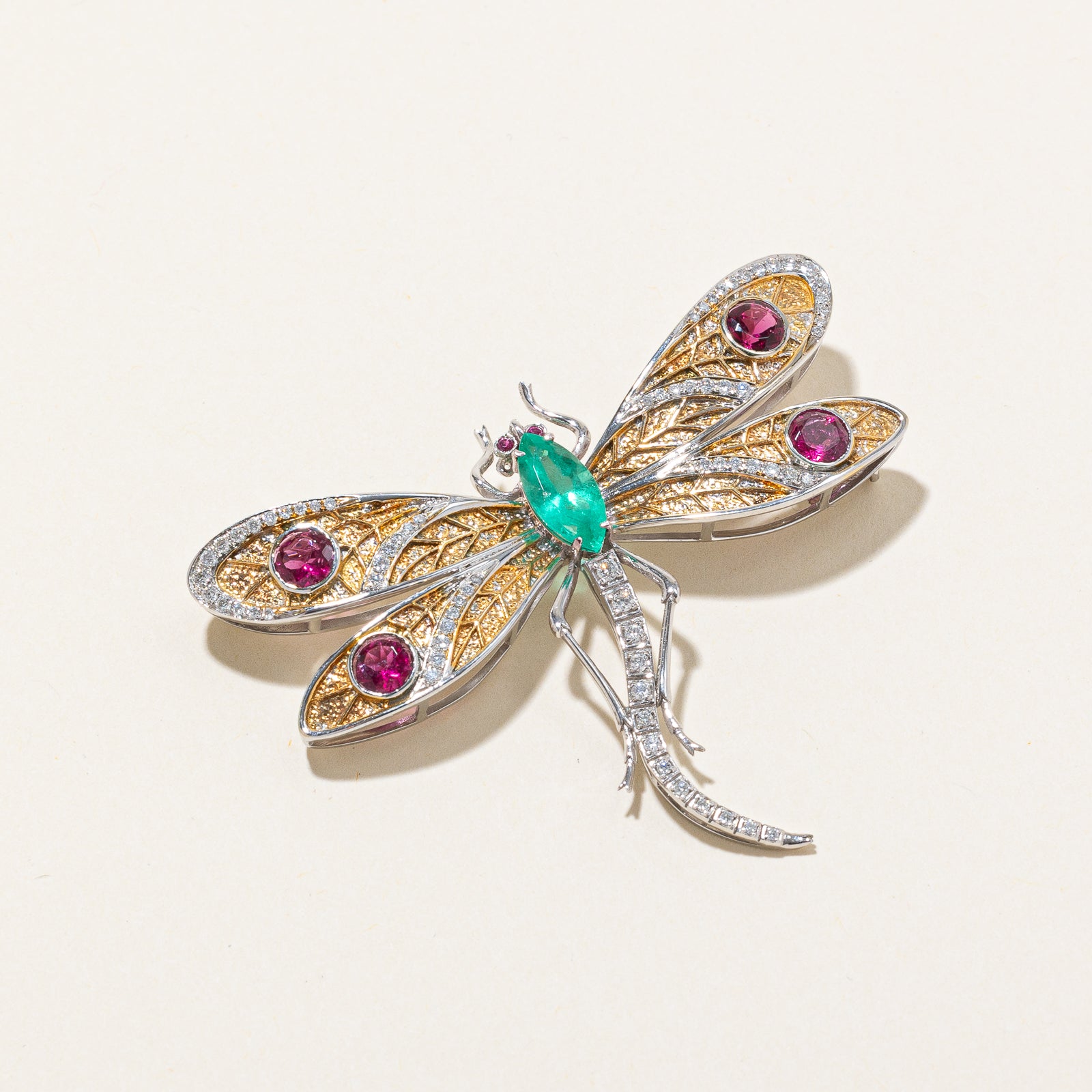 18K Gold Multi-Gemstone Dragonfly Brooch - 1.25ct Emerald, 1.60ctw Topaz, 0.04ctw Ruby & 0.50ctw Diamond - Elegant Jewelry Gift for Women, Perfect for Weddings, Parties & Special Occasions