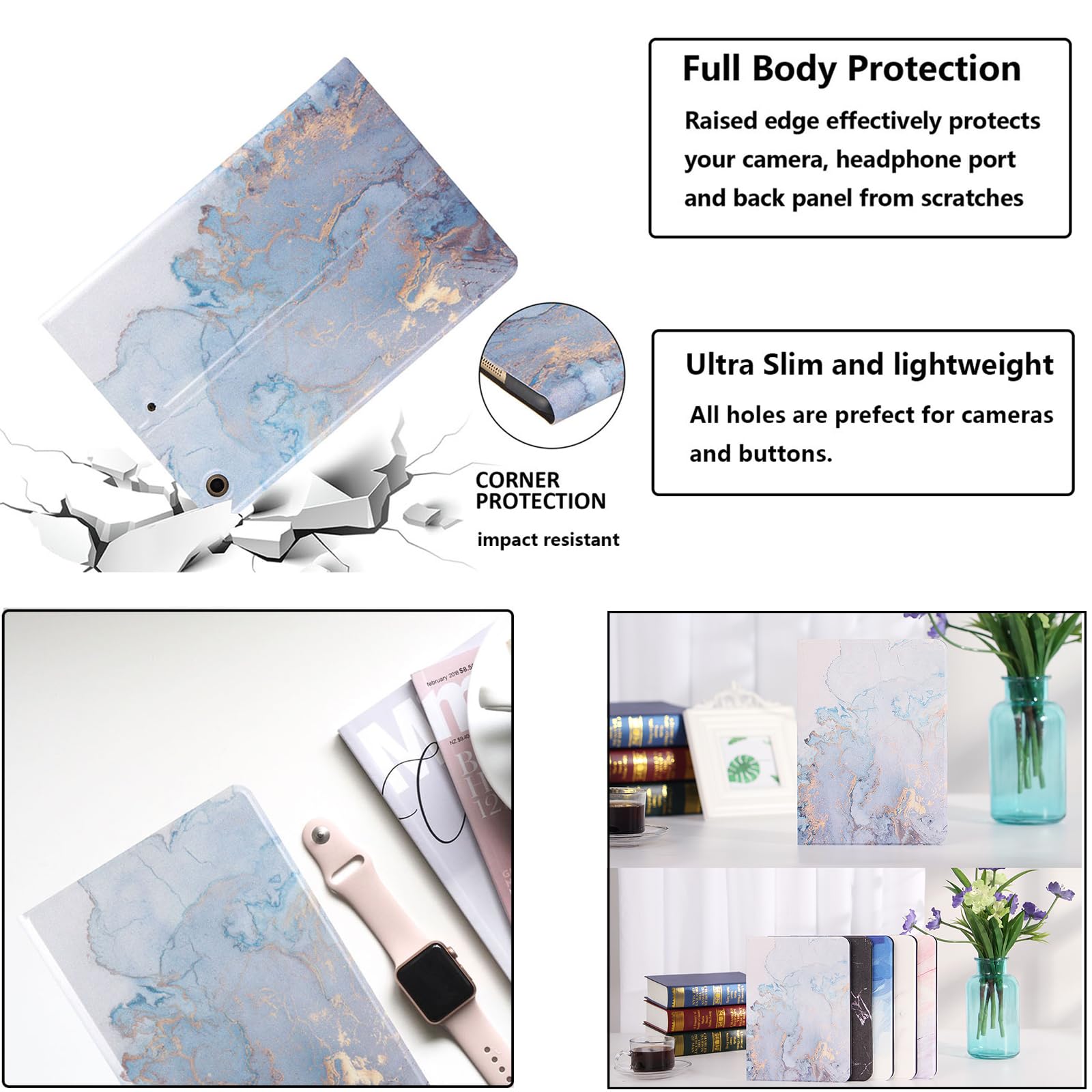 Premium Shockproof PU Leather Case for Apple iPad 9.7 (6th/5th Gen 2018/2017), iPad Air 1 & Air 2 - Smart Folio Stand Cover with Auto Wake/Sleep - Gold Marble Design - Perfect for Work, Travel & Home Use