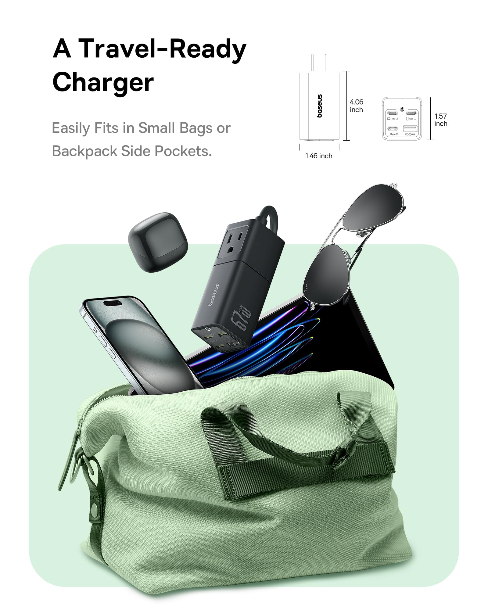 Baseus 67W 5-in-1 Detachable Travel Charging Station with USB C Fast Charger & 2 AC Outlets - 5ft Flat Extension Cord for MacBook Pro, iPhone, iPad, Samsung - Perfect for Cruise Travel, Office & Home Use