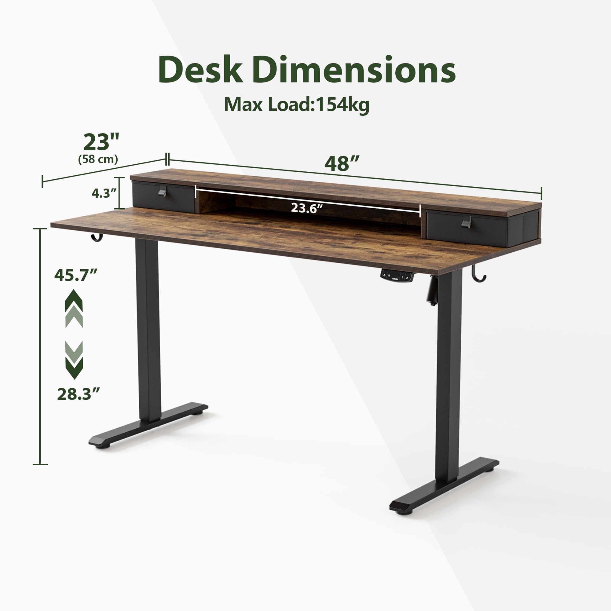 Agilestic 48 x 23 Inches Electric Standing Desk with 2 Fabric Drawers - Height Adjustable Home Office Desk in Rustic Brown for Work from Home & Remote Work Setup